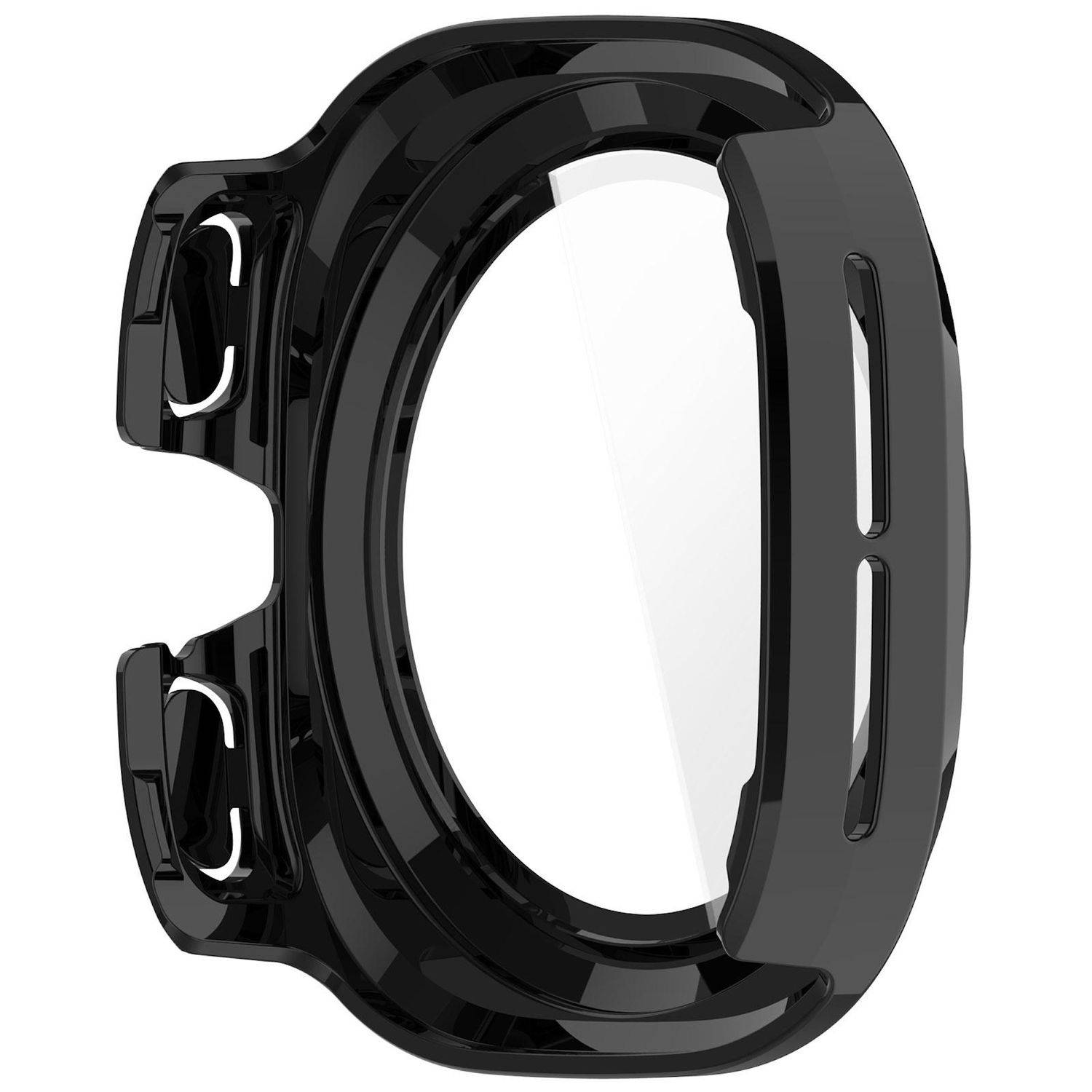 Schwarzer Smartwatch-Armband-Adapter oder Halterung mit kreisförmigem Rahmen und seitlichen Schlitzen, isoliert auf weißem Hintergrund dargestellt.