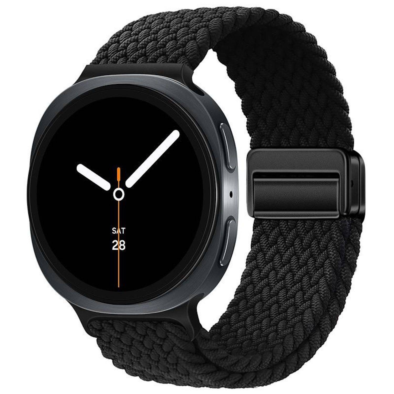 Schwarze runde Smartwatch mit geflochtenem schwarzem Armband, zeigt analoges Zifferblatt und Datum „SAT 28