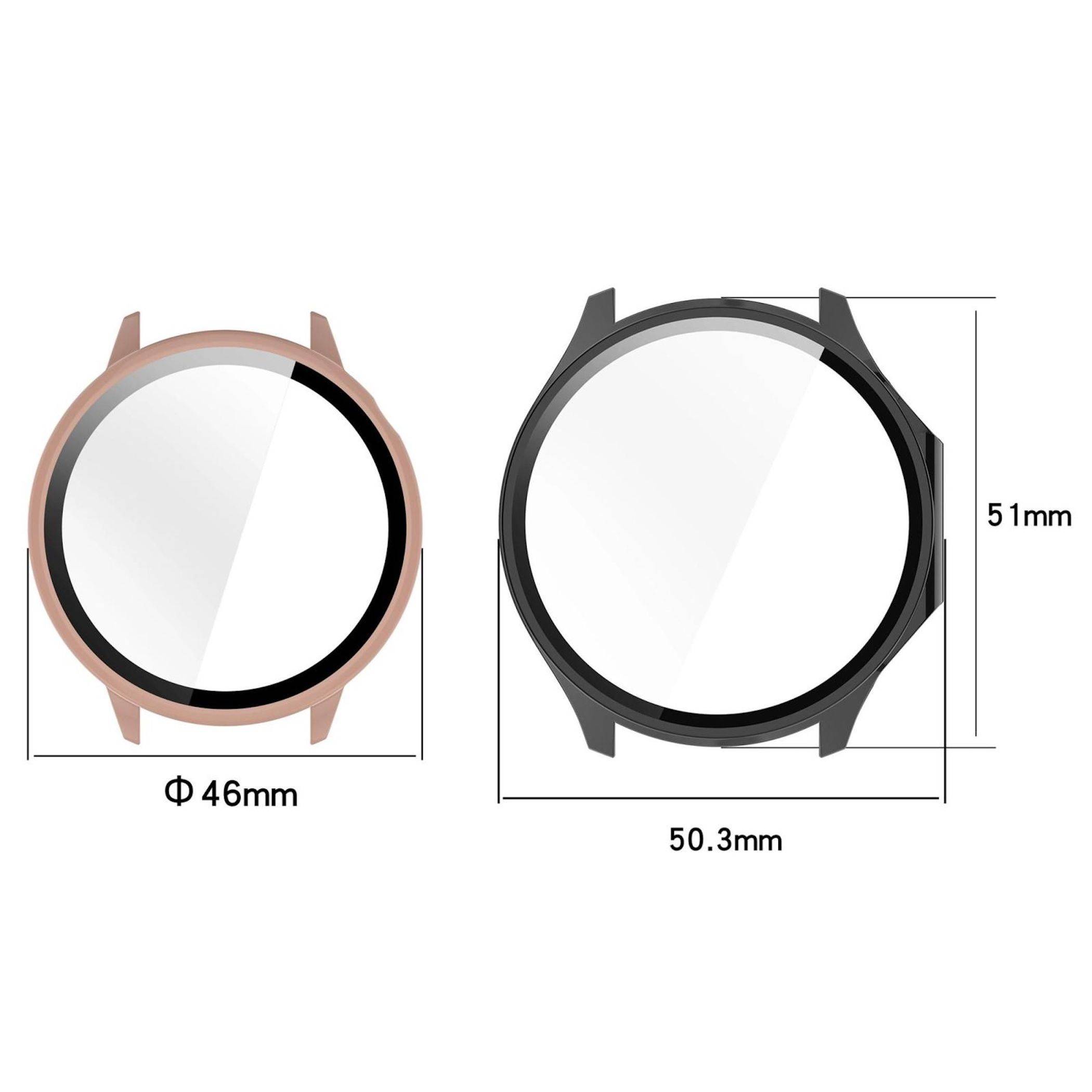 Zwei Uhrengehäusevorderseiten nebeneinander angezeigt, mit den Bezeichnungen 46 mm breit und 50,3 mm breit bei 51 mm Höhe, in Roségold und Schwarz.