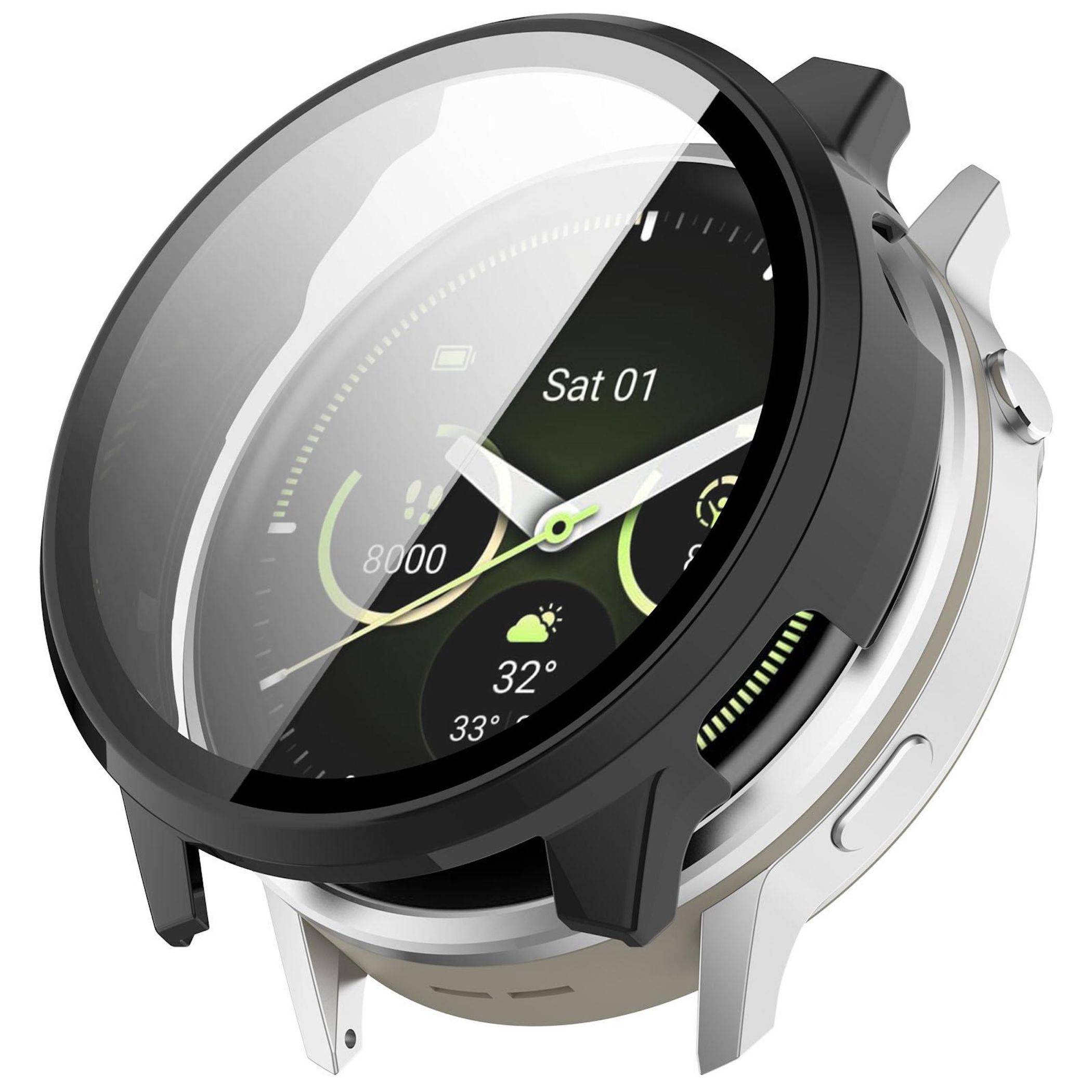 Zwei sich überlappende runde Smartwatches, schwarz vorne und silber dahinter, zeigen analoge Zeiger und ein digitales Zifferblatt mit 