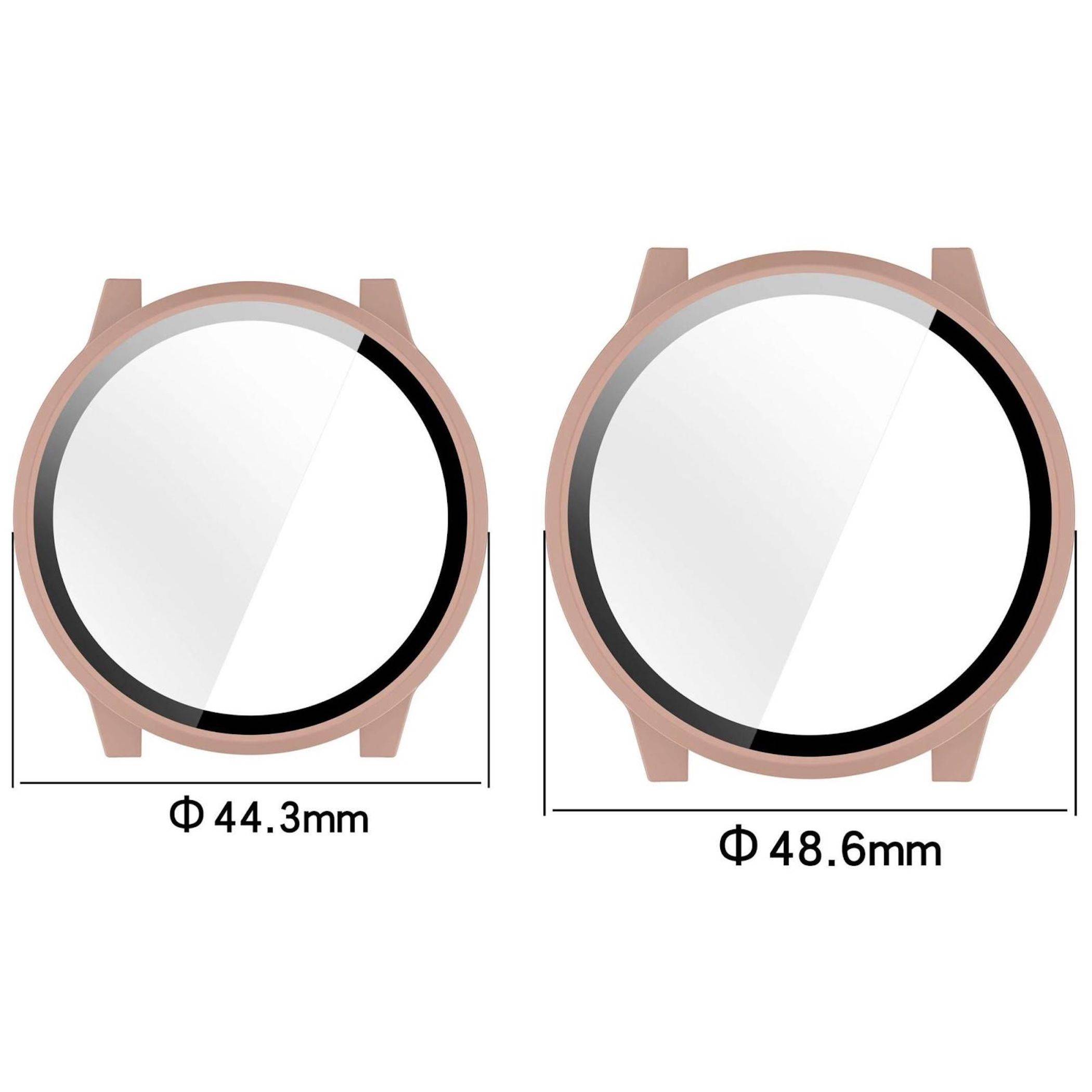 Zwei Uhrengehäusefronten nebeneinander gezeigt zum Größenvergleich, mit Beschriftungen von 44,3 mm und 48,6 mm Durchmesser.