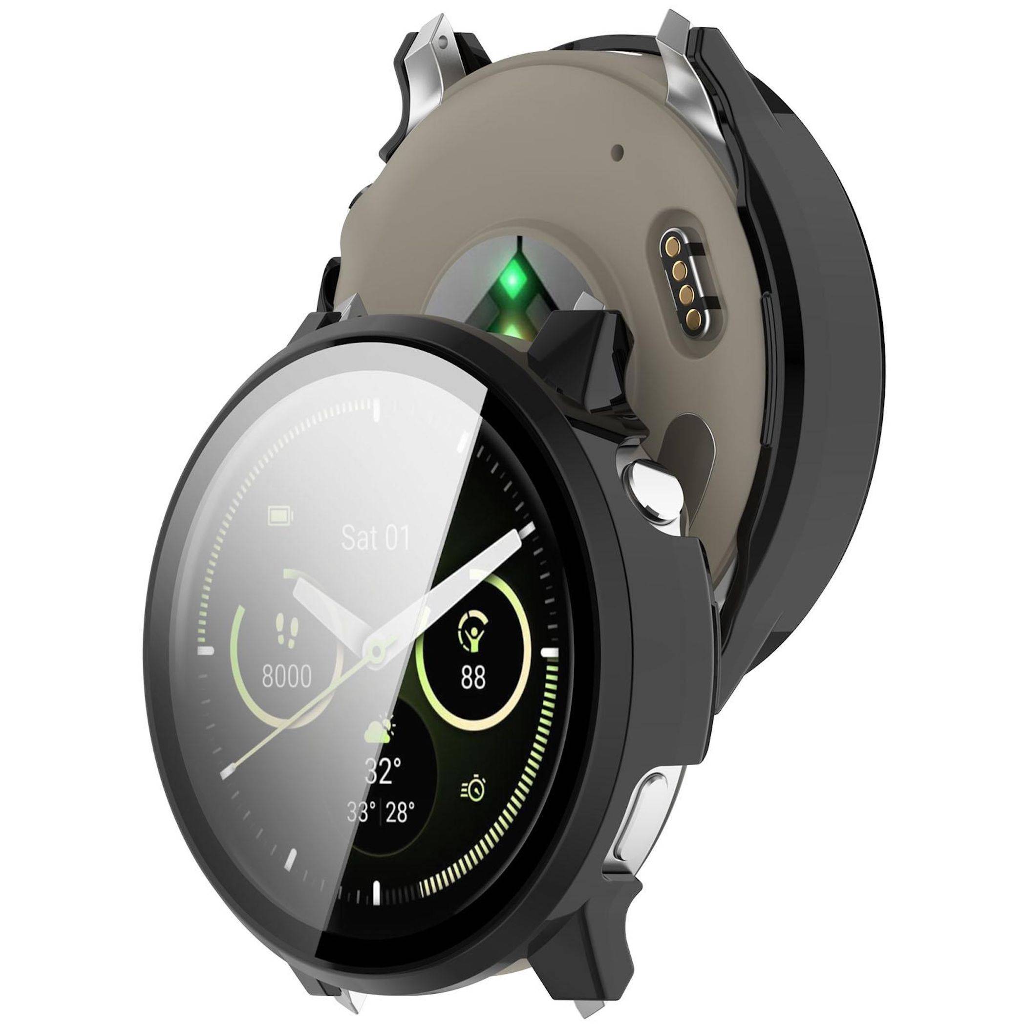 Smartwatch Vorder- und Rückansicht, zeigt rundes Display mit analogem Zifferblatt und Sensoren/Ladekontakte auf der Rückseite.