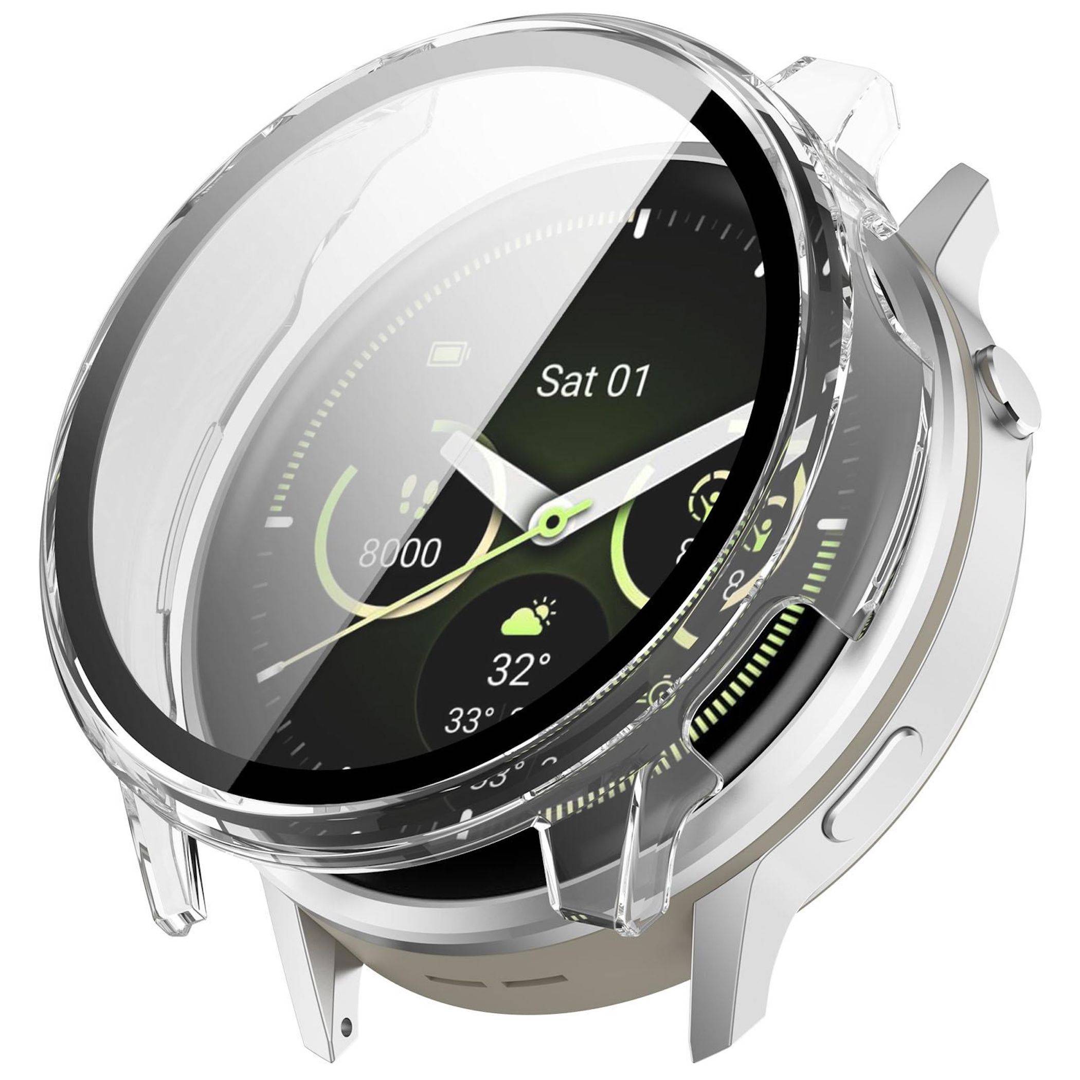 Smartwatch mit einer transparenten Schutzhülle und rundem Display, das die Zeit, das Datum „Sa 01