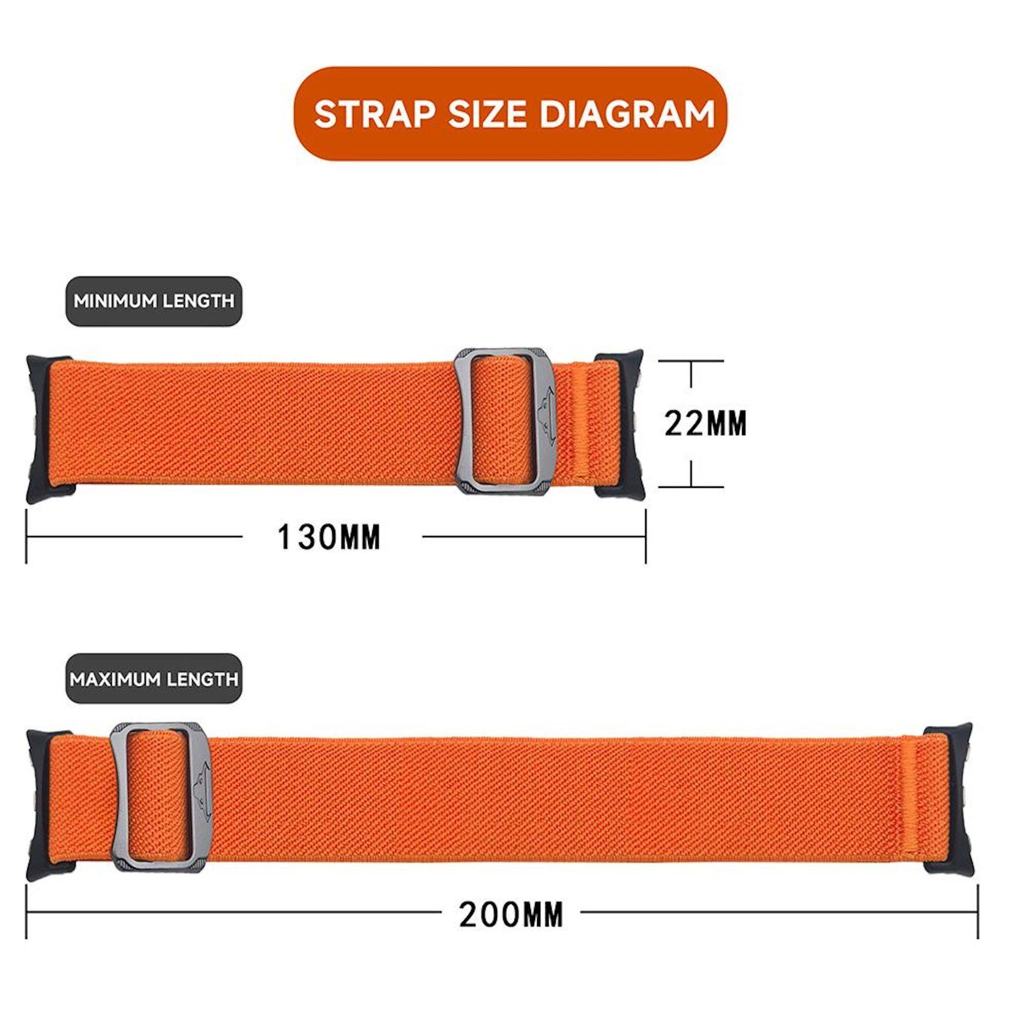 Riemengrößen-Diagramm mit einer Mindestlänge von 130 mm und einer Maximallänge von 200 mm, einer Breite von 22 mm und einer verstellbaren Schnalle.