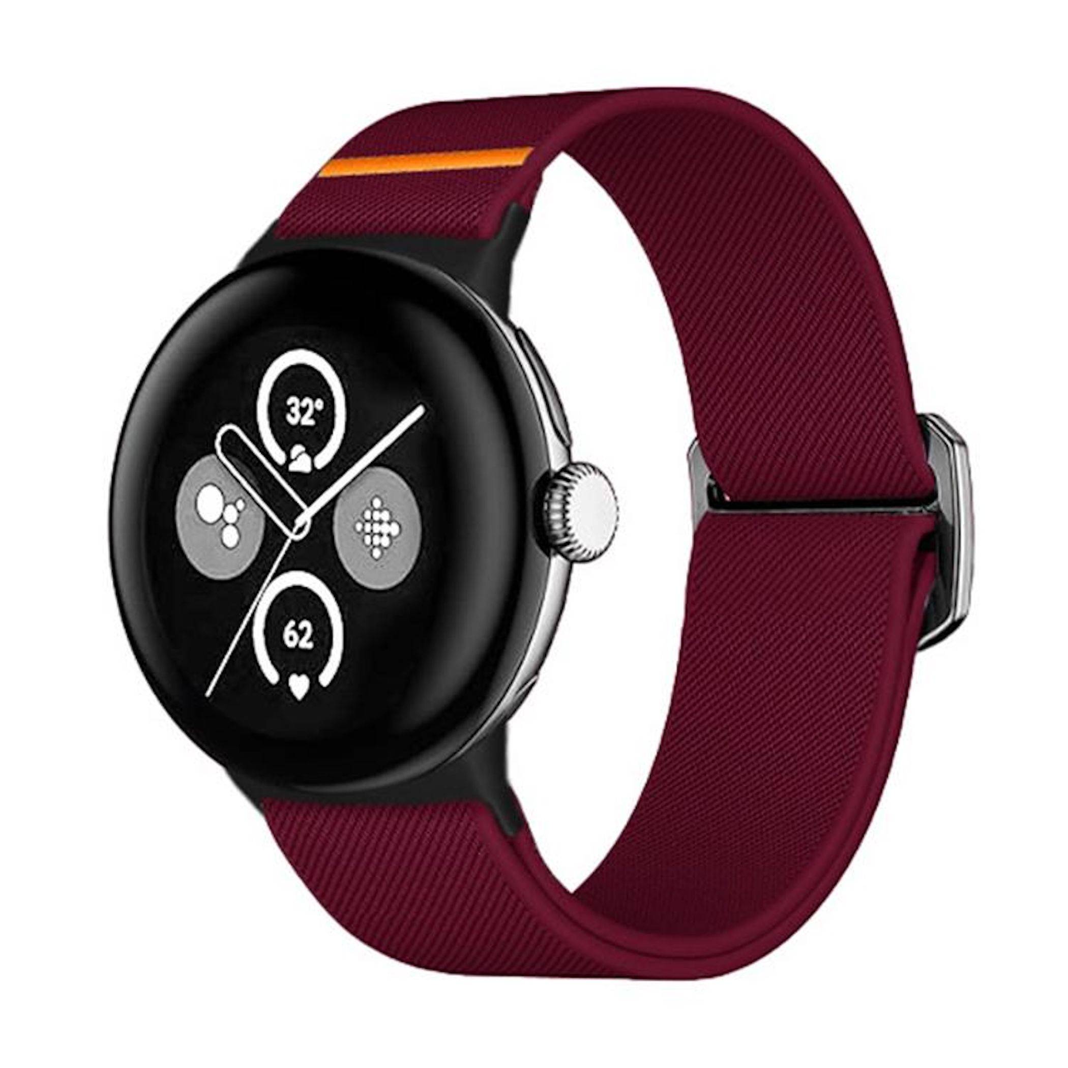 Rundige schwarze Smartwatch mit bordeauxrotem Armband, zeigt ein digitales Ziffernblatt mit Gesundheitssymbolen und Zahlen auf weißem Hintergrund.