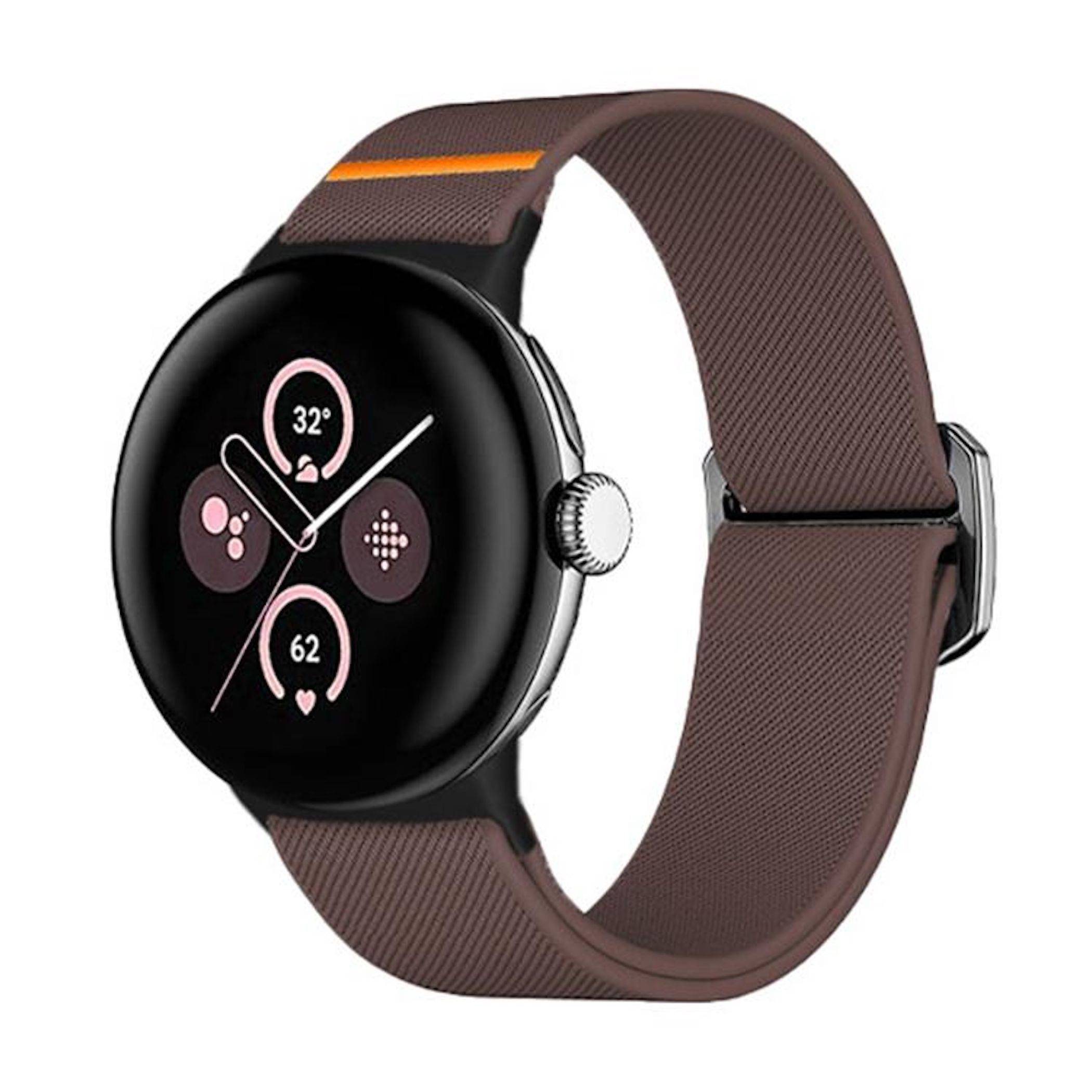 Runde schwarze Smartwatch mit braunem gewebtem Armband, das ein analoges Zifferblatt und Gesundheitssymbole anzeigt.