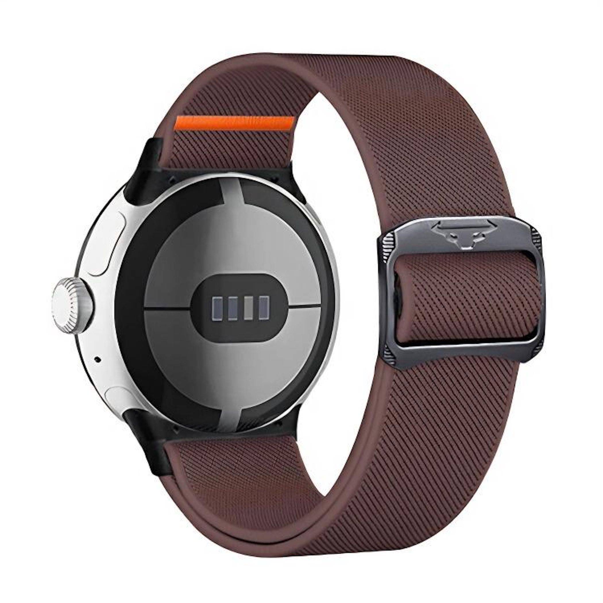 Rückansicht einer runden Smartwatch mit braunem gewebtem Armband und silbernem Gehäuse, die den Sensorbereich und die Armbandschnalle zeigt.