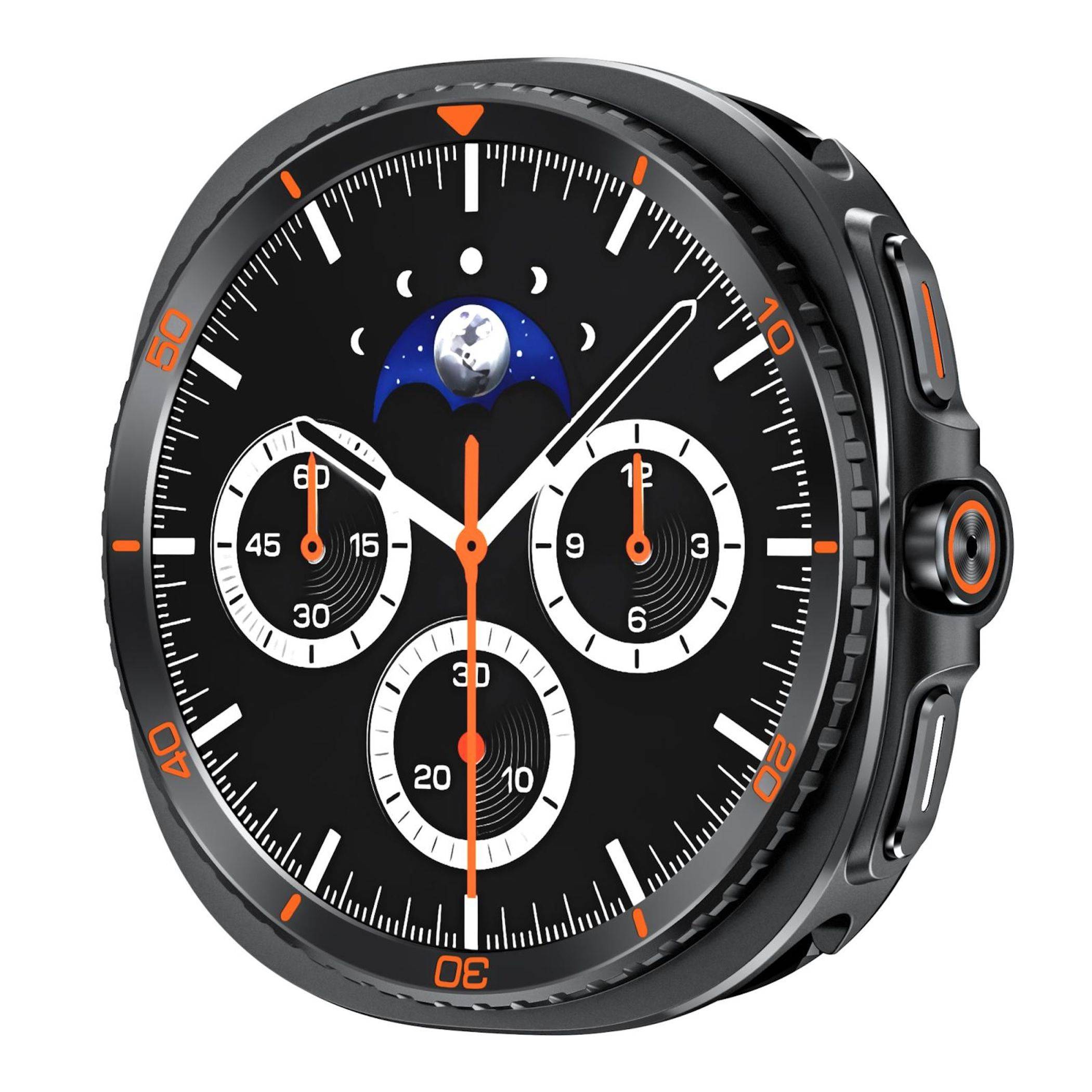 Schwarze runde analoge Smartwatch mit drei Hilfszifferblättern, orangefarbenen Akzenten und einer Mondphasendarstellung auf dem Zifferblatt.