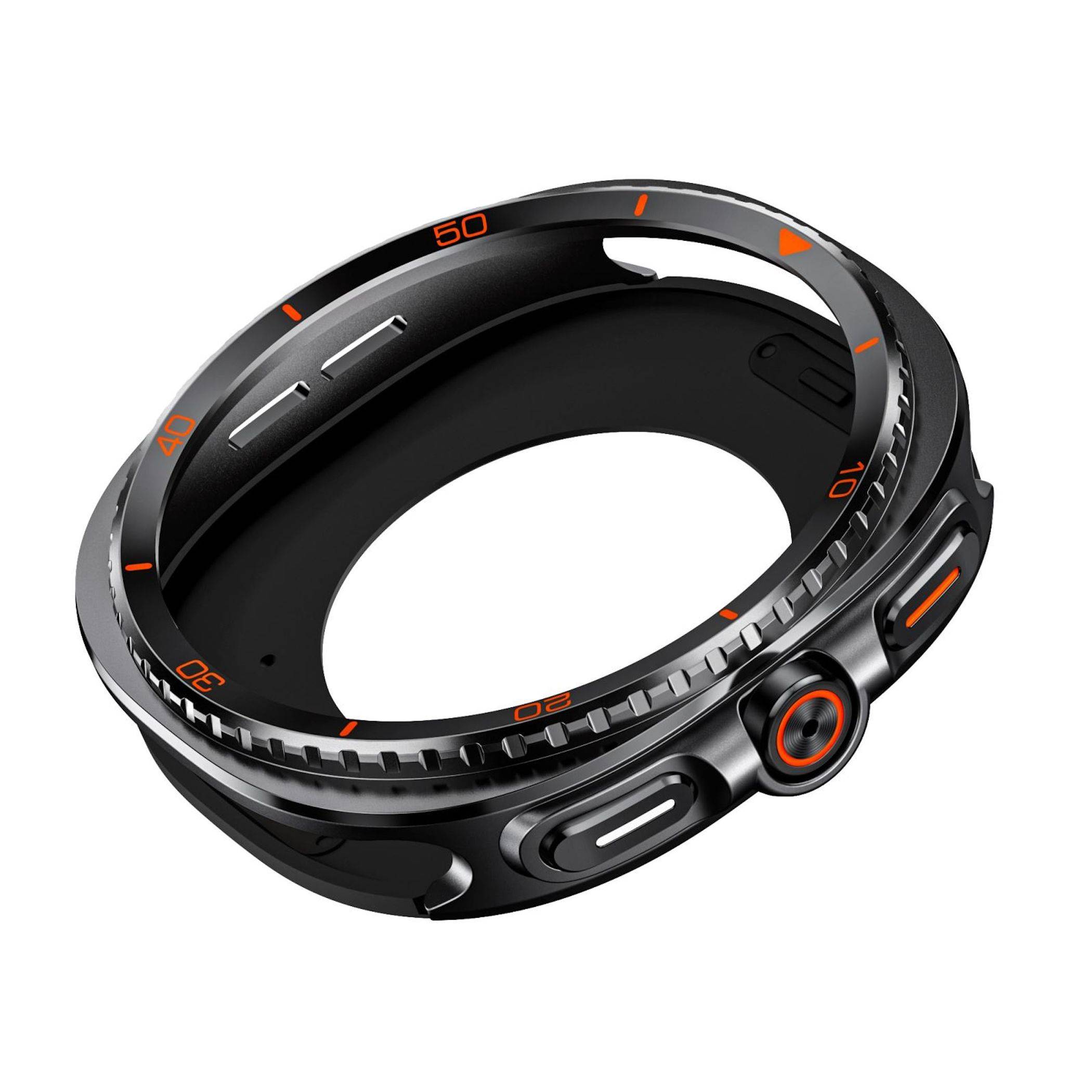 Schwarzes rundes Smartwatch-Armband mit orangefarbenen Markierungen und Seitentasten, dargestellt auf weißem Hintergrund.