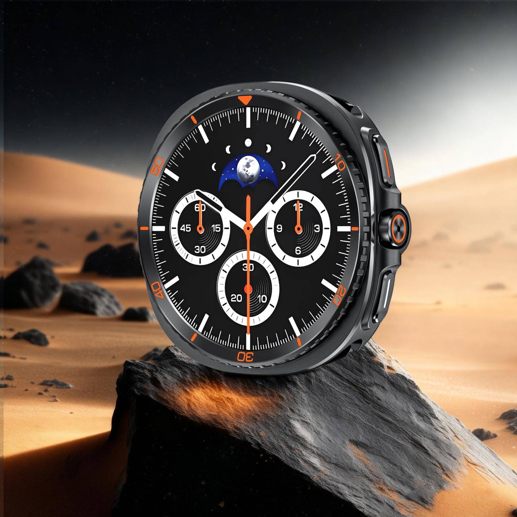 Schwarze Smartwatch mit analogem Chronograph-Stil-Zifferblatt und orangefarbenen Akzenten, stehend auf einem Stein in einer Wüstenlandschaft.