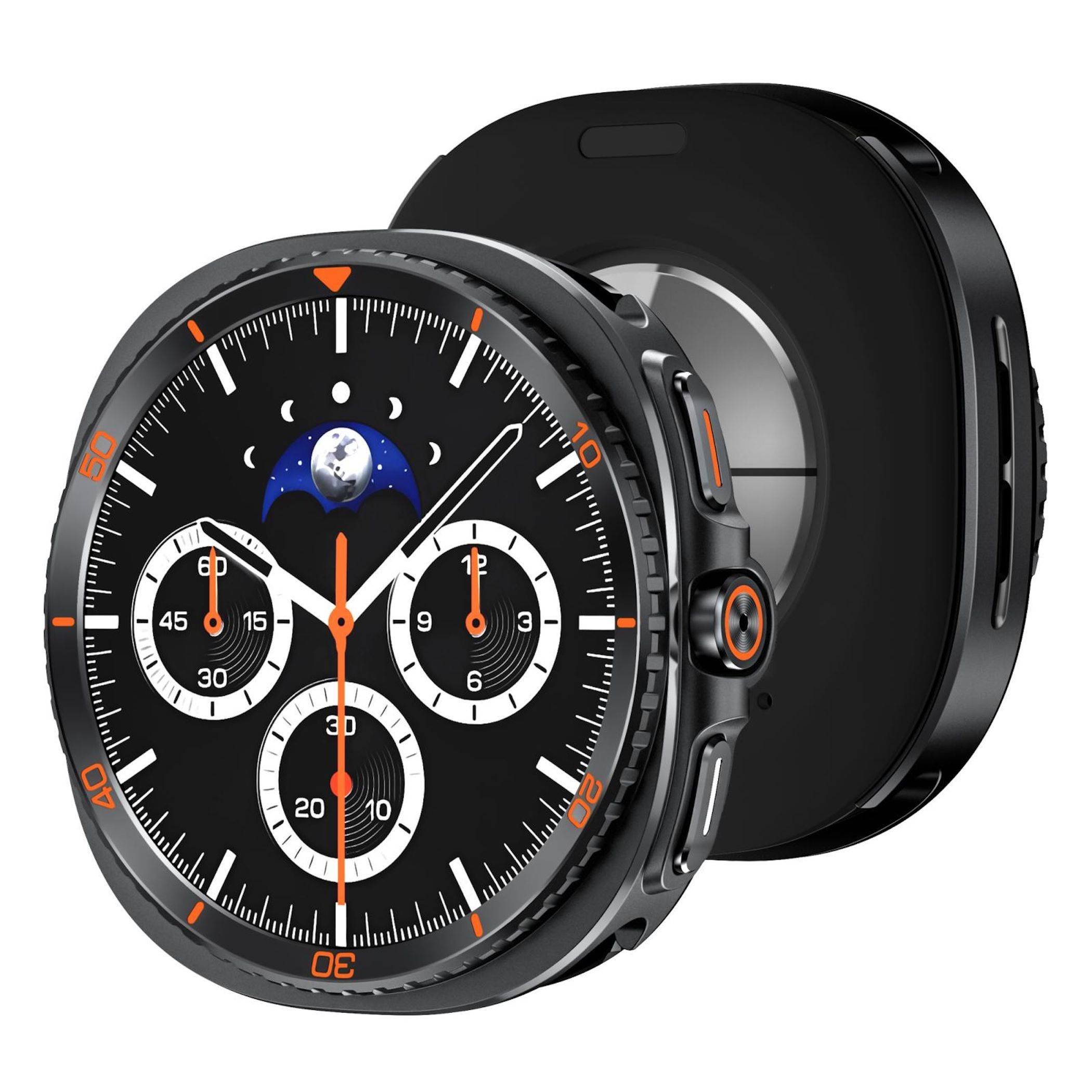 Schwarze runde Smartwatch in Front- und Seitenansicht mit analogem Chronographen-Zifferblatt, orangefarbenen Akzenten und drei Hilfszifferblättern.