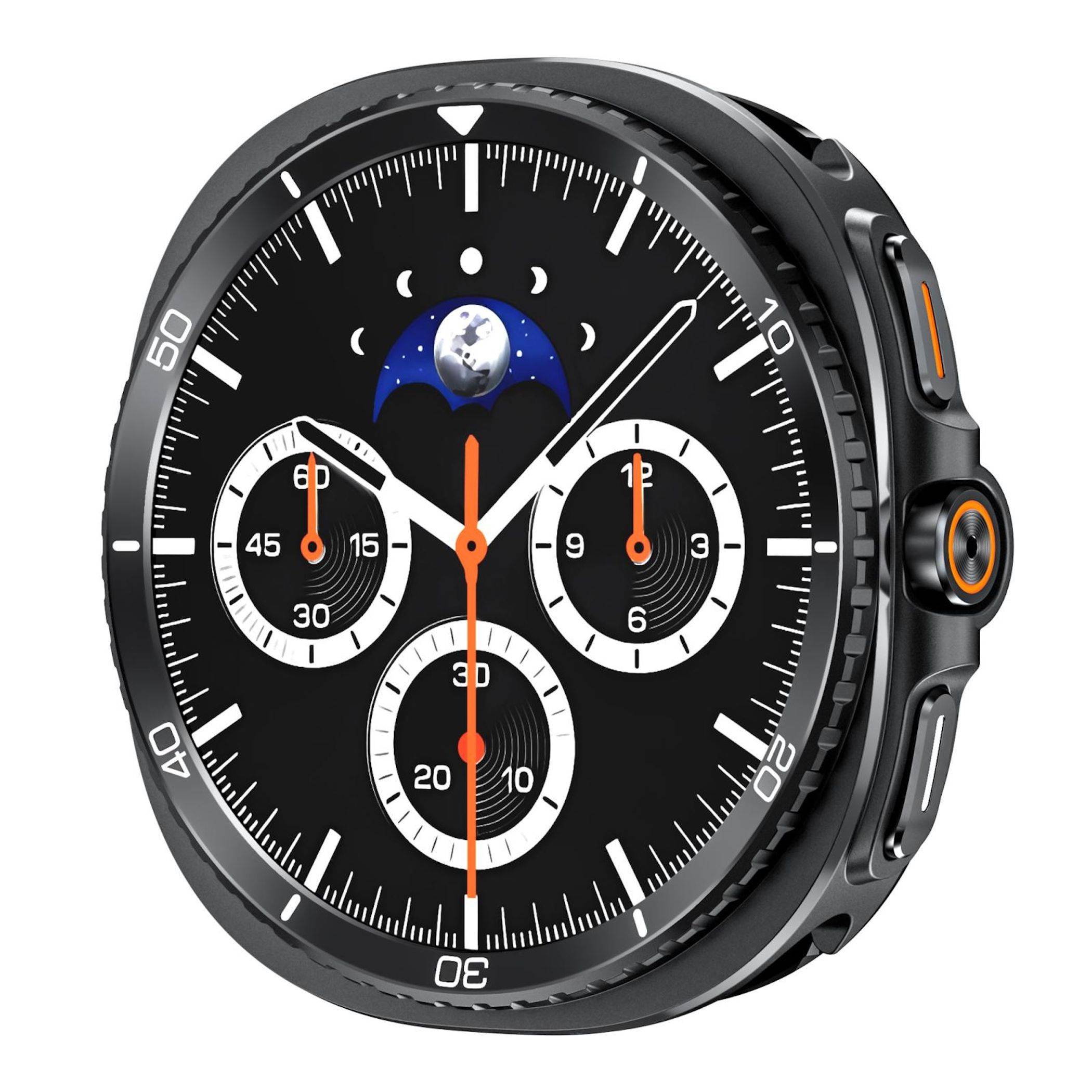 Schwarzes Smartwatch-Zifferblatt mit analoger Uhr, drei Unteruhren, orangefarbenen Akzenten und Mondhasenanzeige.