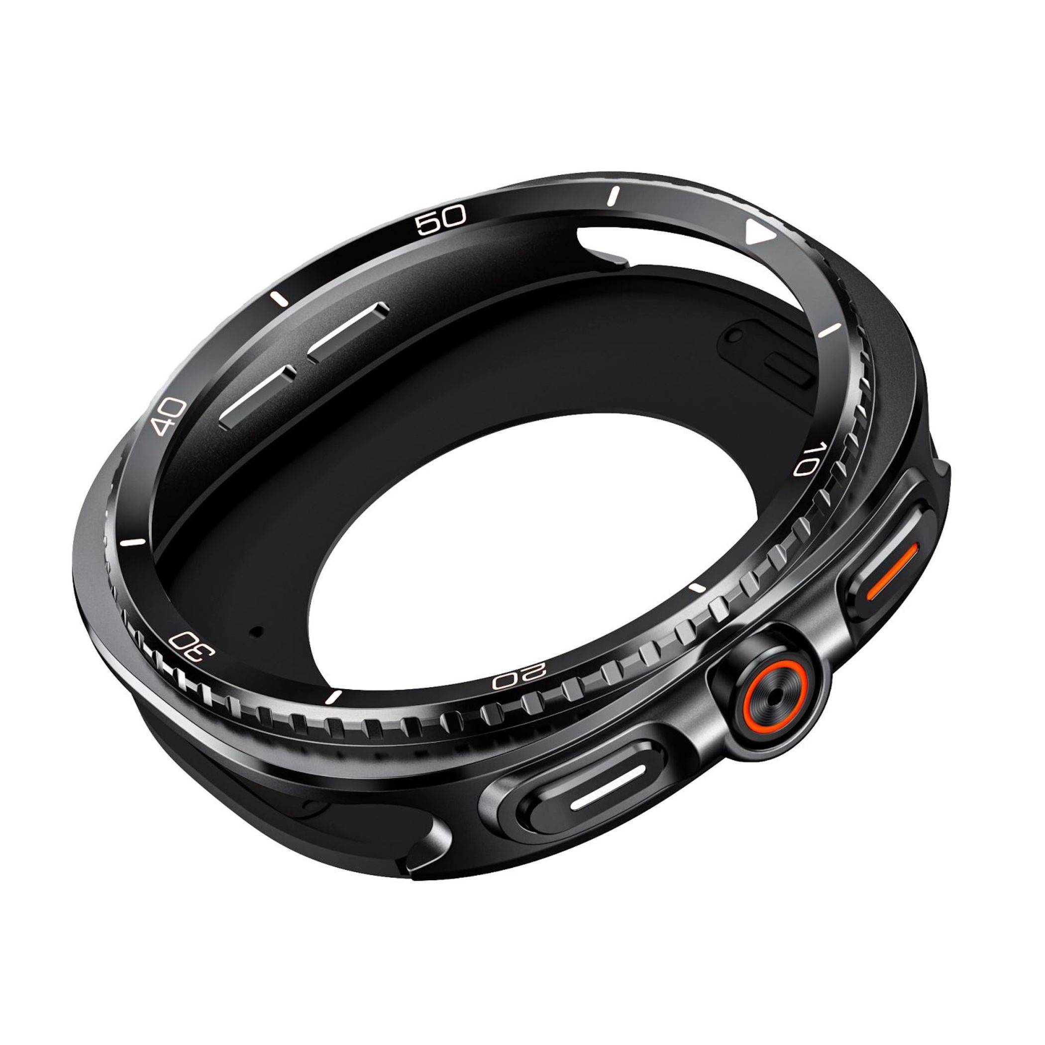 Schwarzes, rundes Smartwatch-Gehäuse oder robuste Uhr mit numerischen Markierungen und Seitentasten, gezeigt auf weißem Hintergrund.