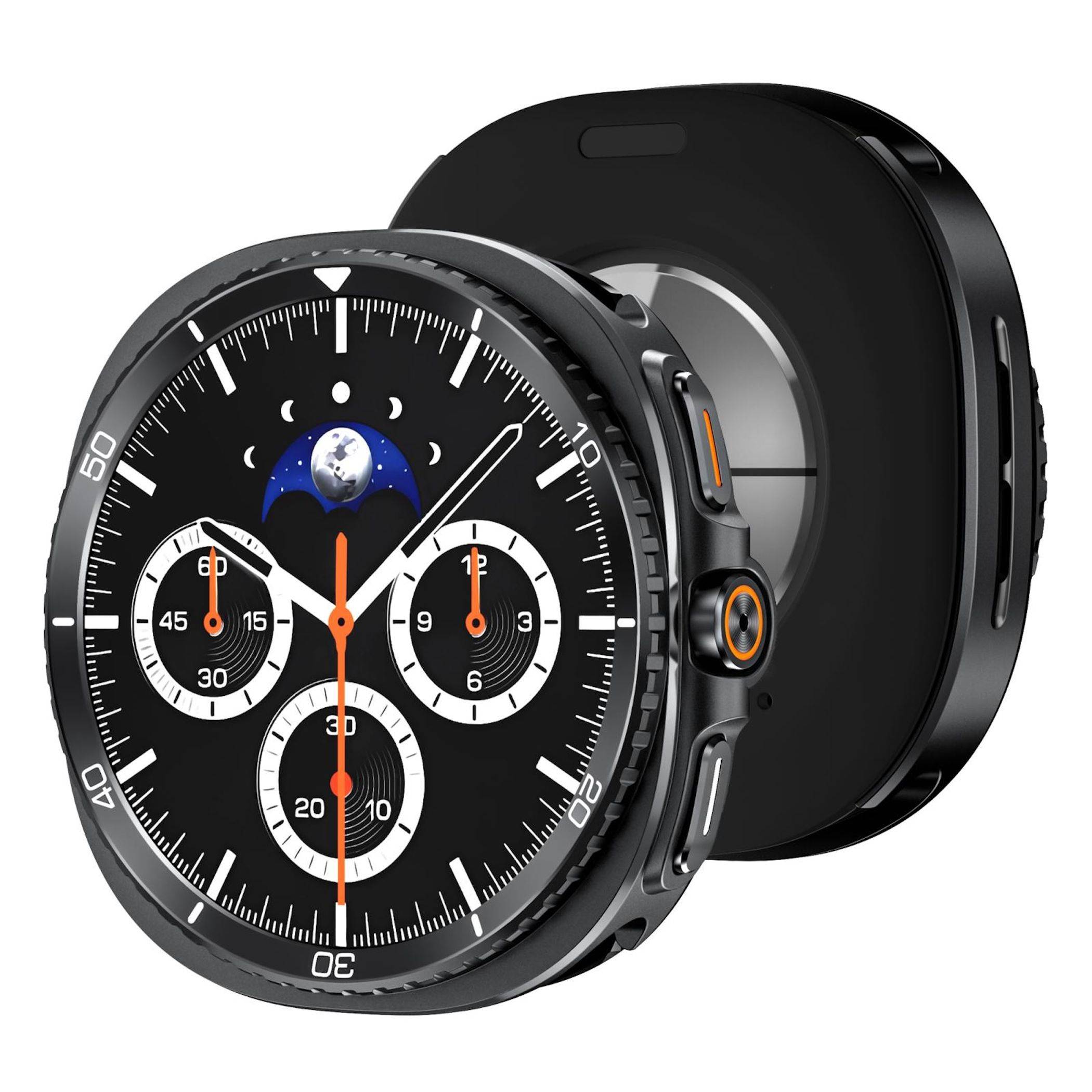 Schwarze runde Smartwatch mit chronographähnlichem Analogzifferblatt, Mondphasendarstellung und orange akzentuierten Seitenknöpfen