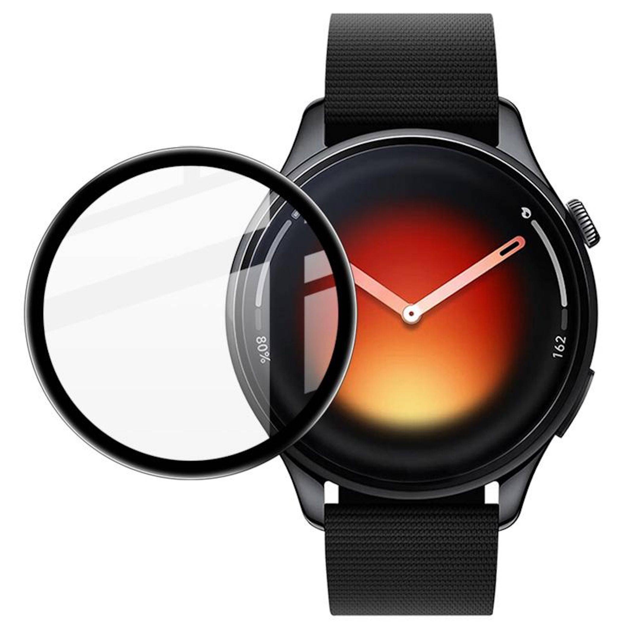 Schwarze Smartwatch mit Armband und rundem Glaszifferblatt, dargestellt mit einer Lupe, die die Displayoberfläche hervorhebt.