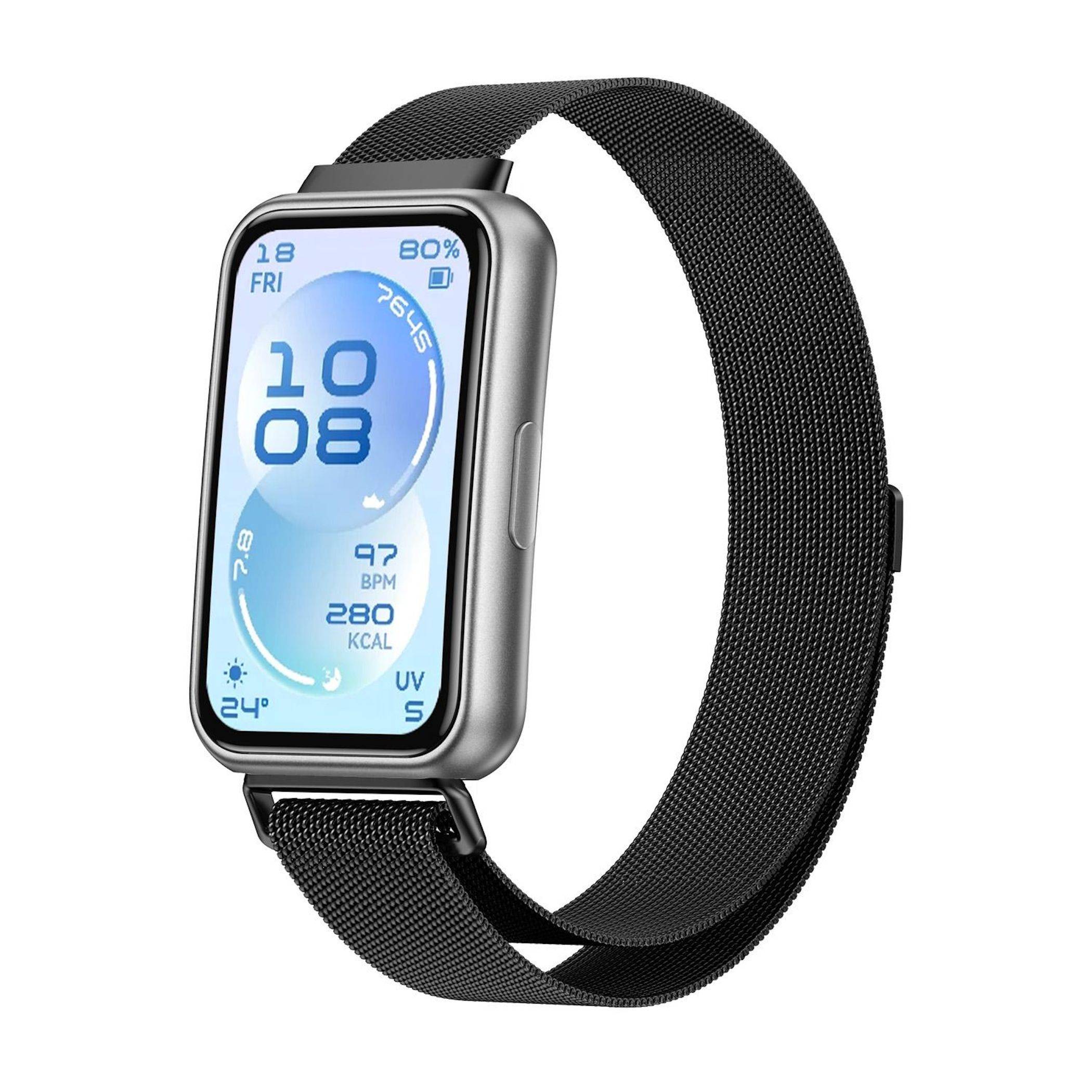 Quadratische silberne Smartwatch mit schwarzem Webarmband, zeigt ein blaues digitales Display mit der Zeit 10:08, Datum Fr 18, Akku 80%, Herzfrequenz, Kalorien und Wetterdaten.