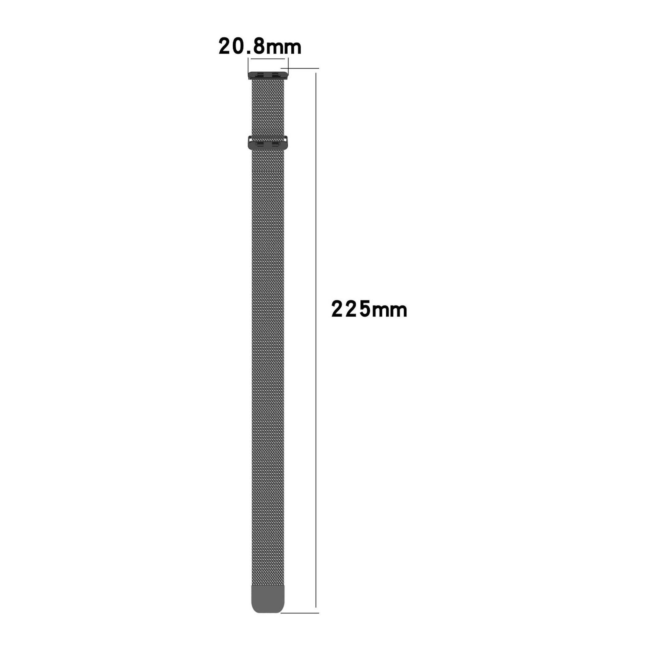 Graues Nylon-Uhrenarmband vertikal dargestellt mit beschrifteten Abmessungen von 20,8 mm Breite und 225 mm Länge.