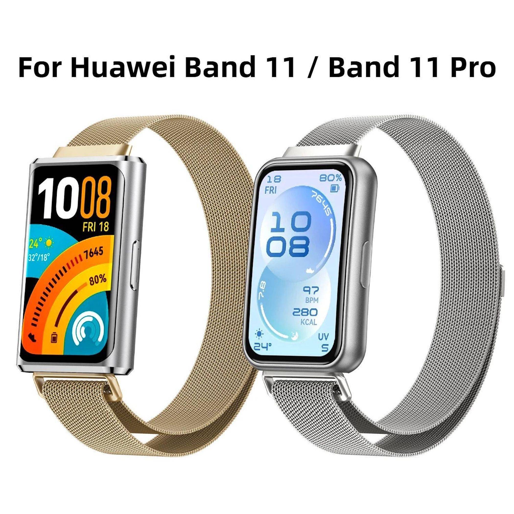 Produktbild mit zwei Huawei Band 11/11 Pro Smartwatches mit Mesh-Armbändern, eine in Gold und eine in Silber, unter dem Text „Für Huawei Band 11 / Band 11 Pro".