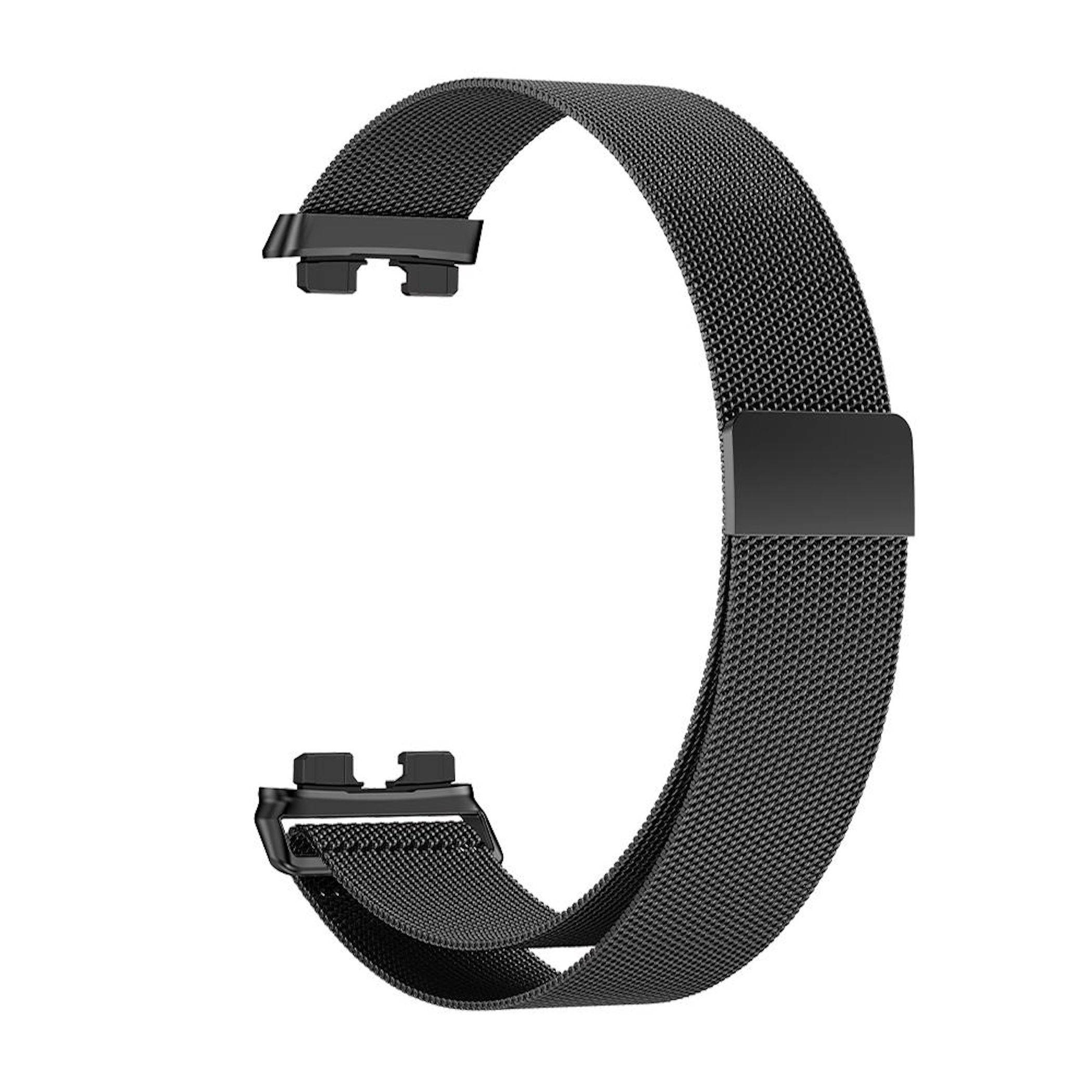 Schwarzes Mesh-Smartwatch-Armband mit magnetischer Schließe, isoliert auf weißem Hintergrund dargestellt.