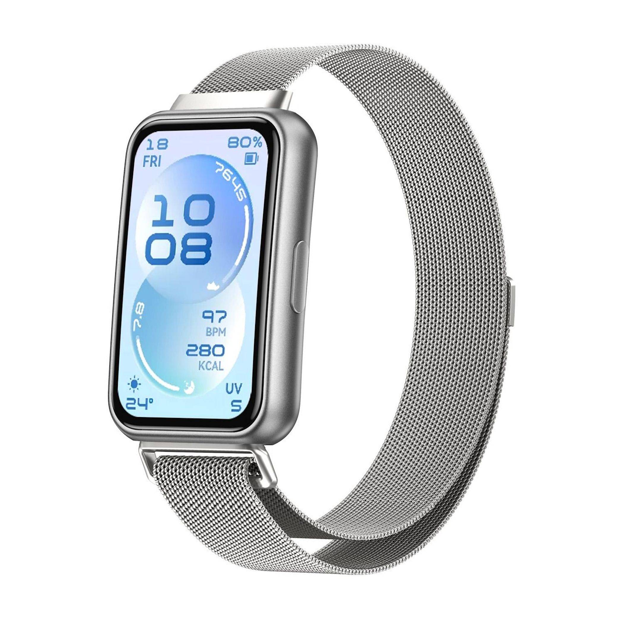 Silberne rechteckige Smartwatch mit Meshband, zeigt ein blaues digitales Display mit der Uhrzeit 10:08 und Fitness-Statistiken wie BPM und KCAL.