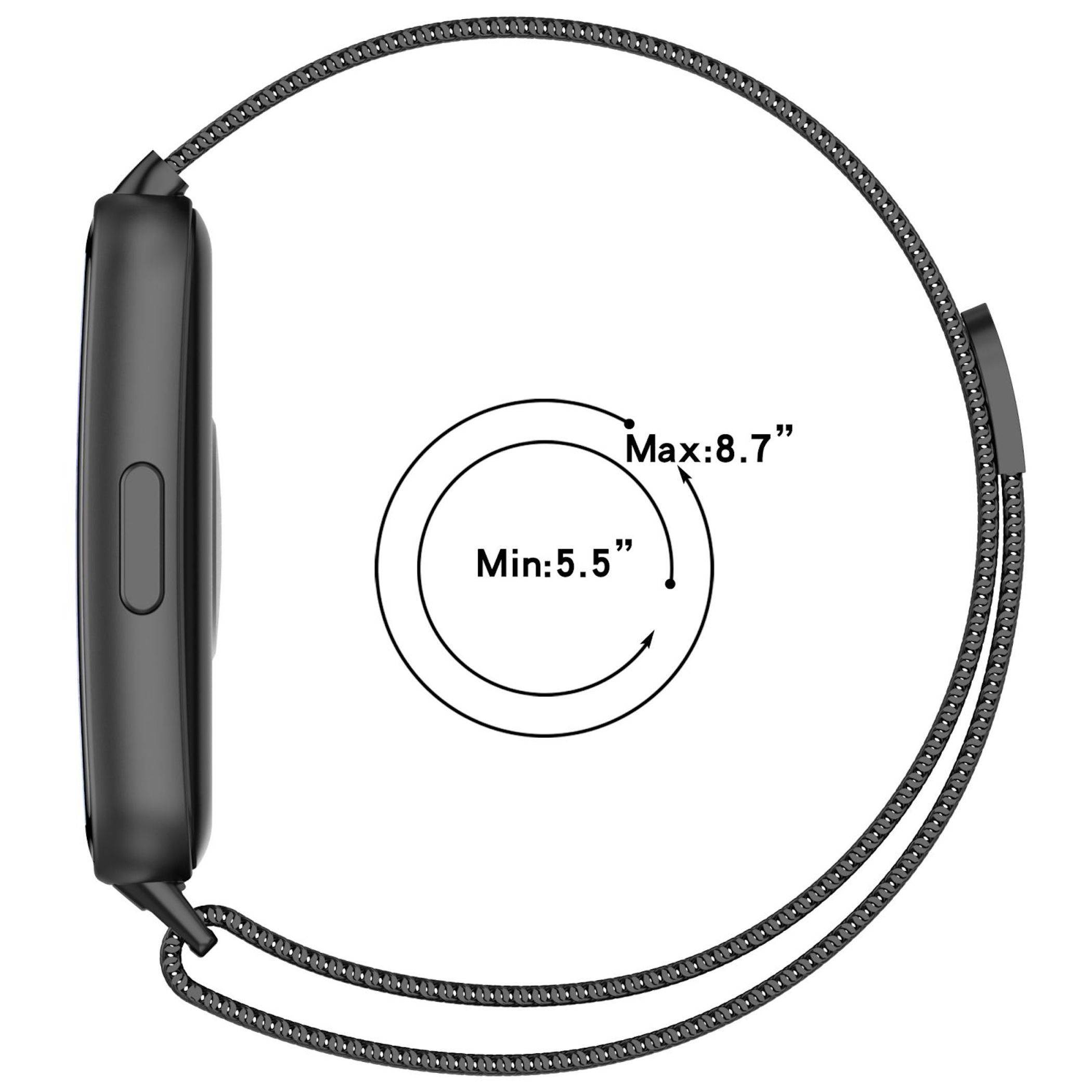 Seitenansicht einer schwarzen Smartwatch mit geflochtenem Schlaufenarmband, die die einstellbare Bandgröße von Min: 5,5" bis Max: 8,7"" zeigt.