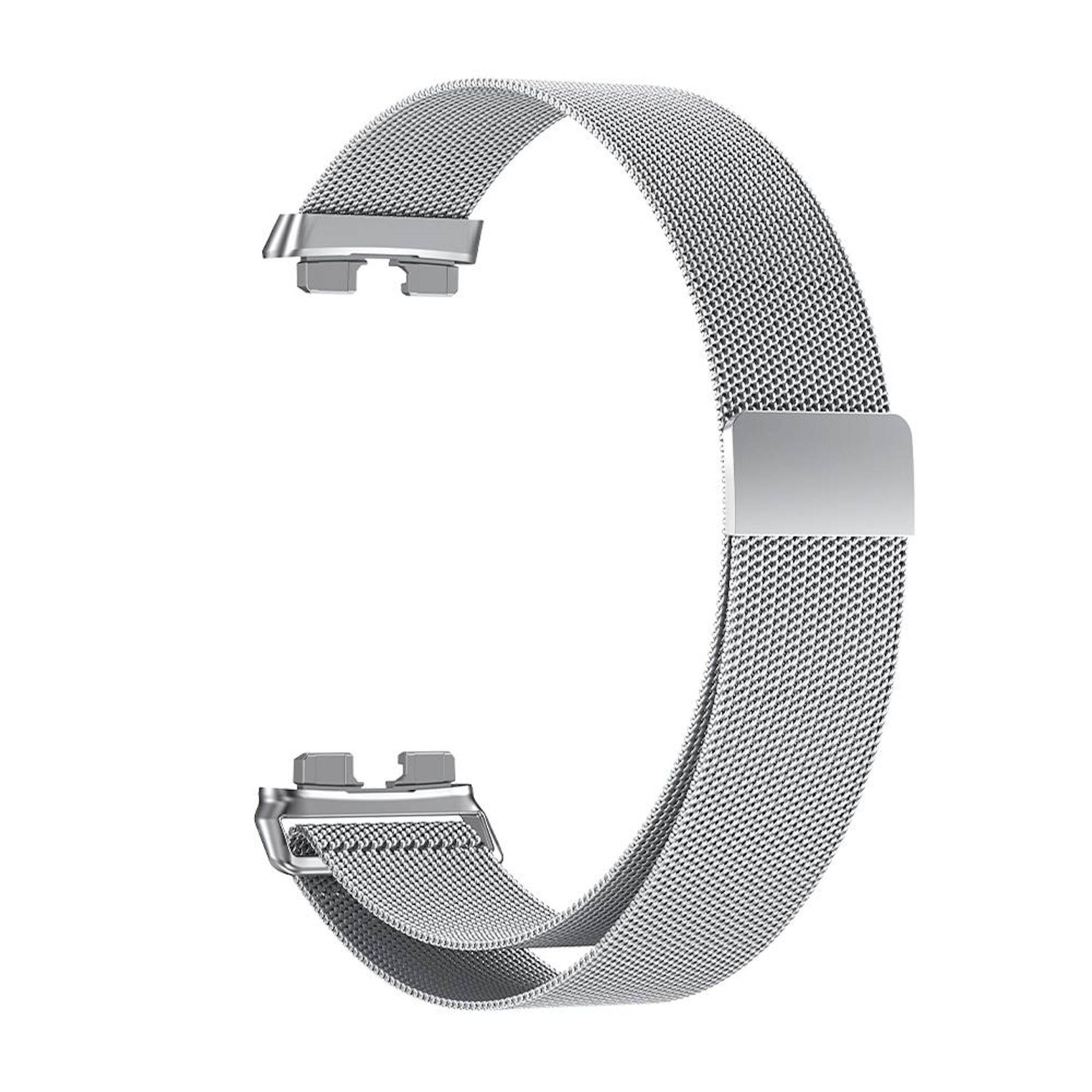 Silbernes Mesh-Uhrenarmband mit einer Metallschließe, offen vor weißem Hintergrund dargestellt.
