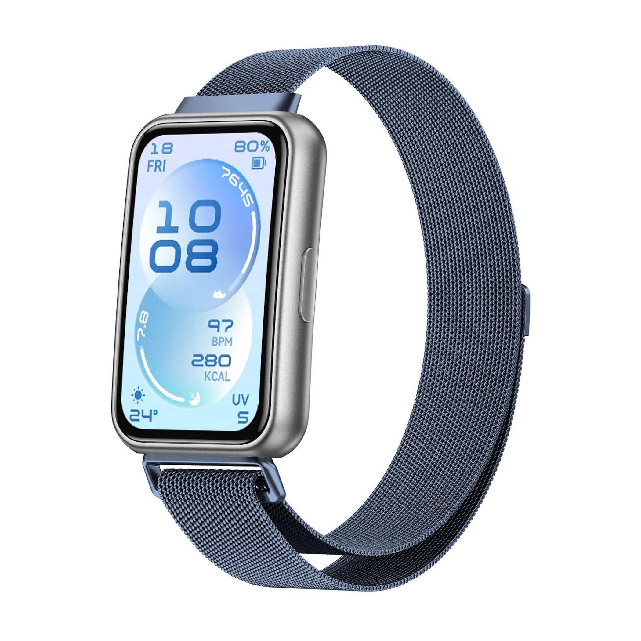 Silberne Smartwatch mit blauem Mesharmband, zeigt ein digitales Display mit der Uhrzeit 10:08, Datum Fr 18, 80% Akku, Herzfrequenz, Kalorien und Wetter.