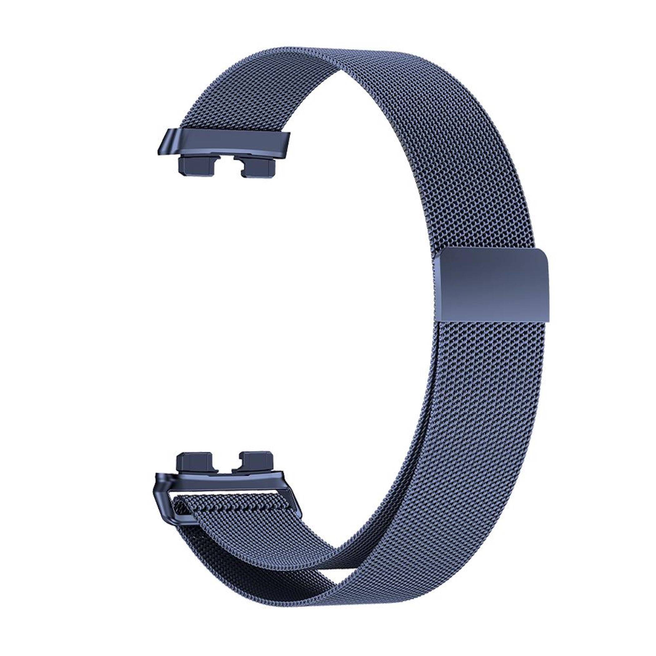Blauem gewebtem Smartwatch-Armband mit Metallverschluss, isoliert auf weißem Hintergrund dargestellt.