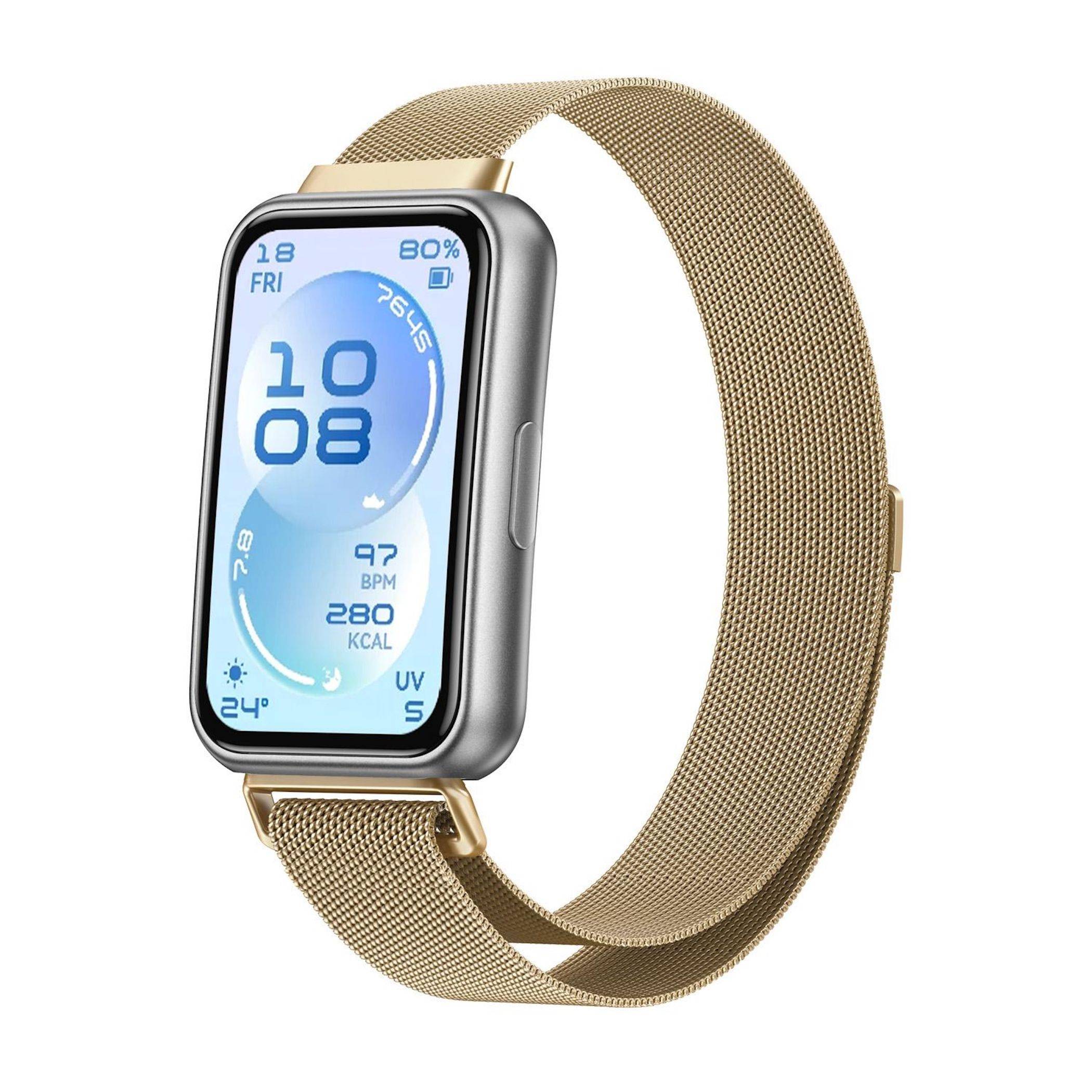 Goldene rechteckige Smartwatch mit Mesh-Armband zeigt 10:08, 80% Akku, 97 BPM, 280 KCAL, 24°C und UV 5 auf einem blauen digitalen Zifferblatt.
