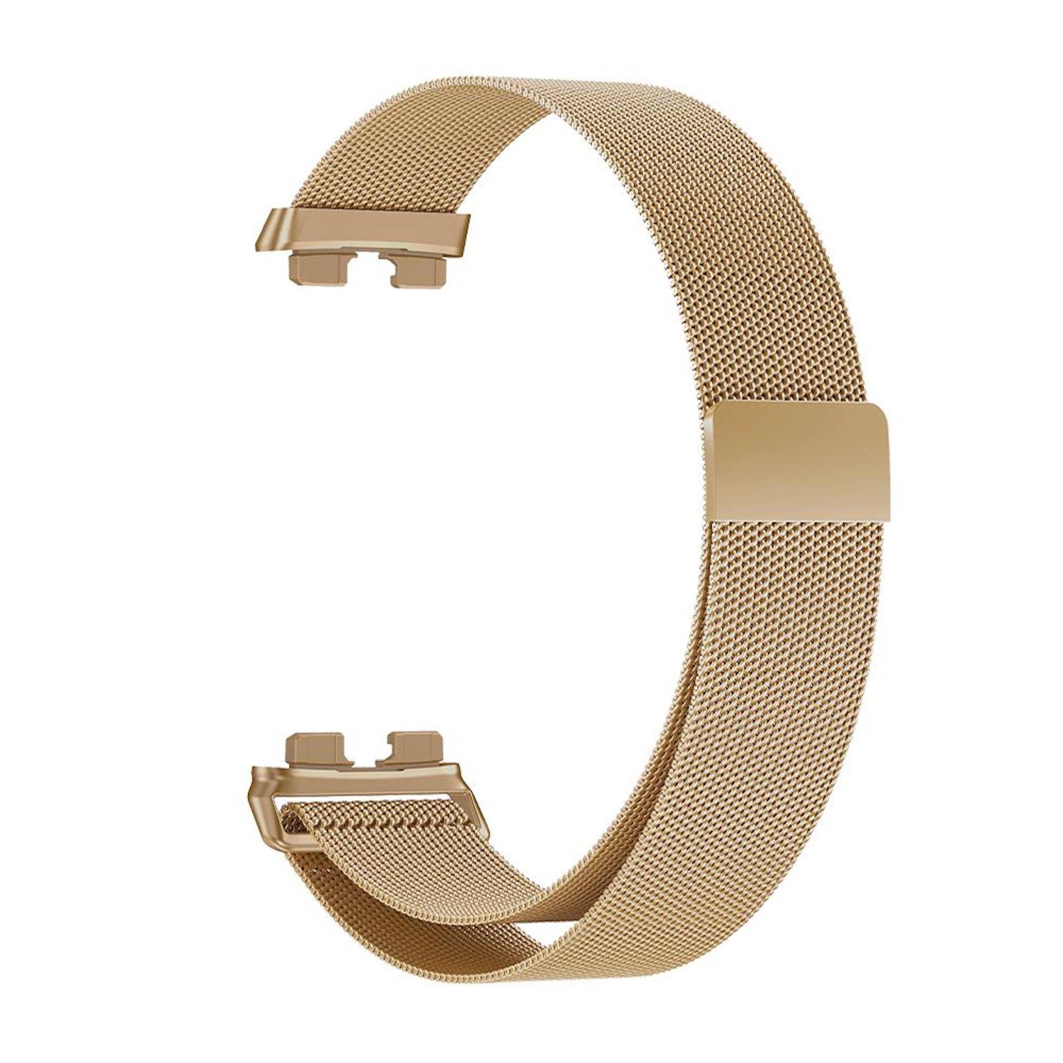 Goldfarbenes Metallgeflecht-Uhrenarmband mit einer Schließe, offen auf weißem Hintergrund dargestellt.