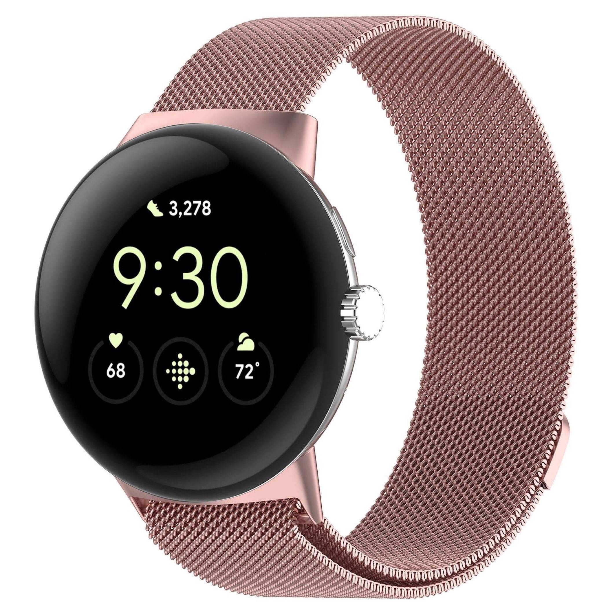 Roségoldene runde Smartwatch mit Mesh-Armband, die 9:30 Uhr, Schrittanzahl 3.278, Herzfrequenz 68 und Temperatur 72° auf dem Bildschirm anzeigt.
