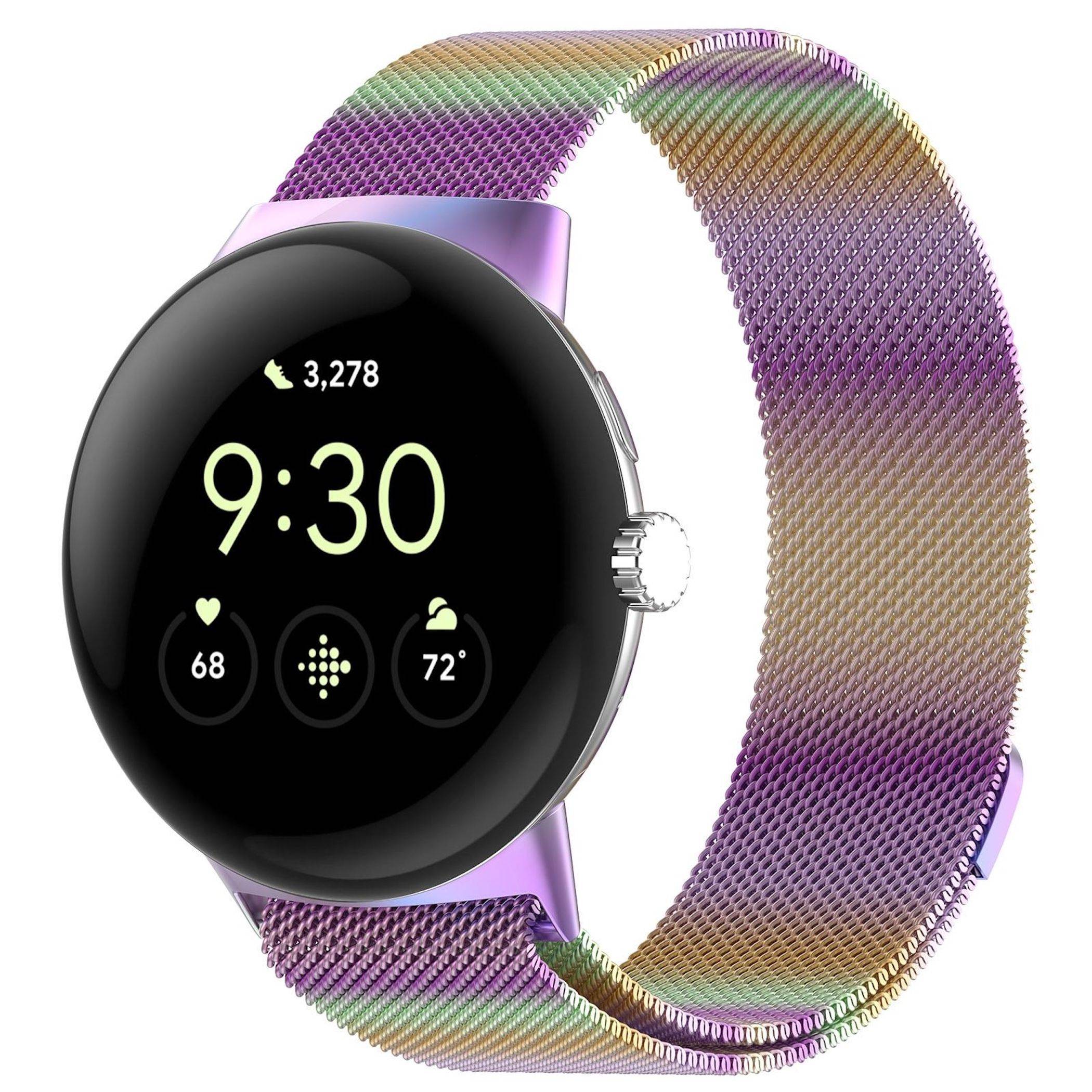 Schwarze runde Smartwatch mit Anzeige 9:30, Schrittanzahl 3.278, Herzfrequenz 68, Temperatur 72°, mit regenbogenfarbenem Mesh-Armband.