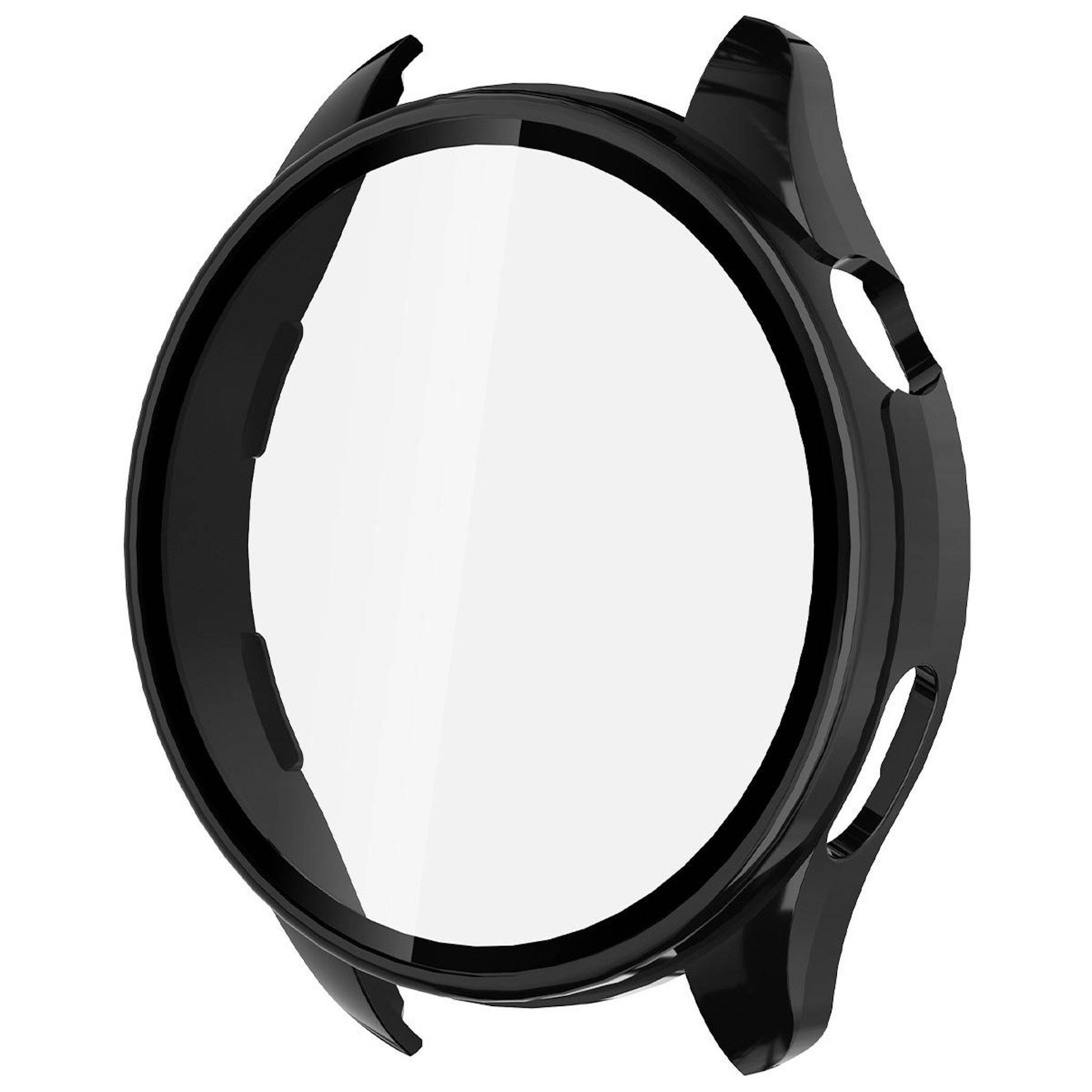 Schwarzes rundes Smartwatch-Gehäuse oder Lünette, in Seitenansicht gezeigt, mit Öffnungen für Tasten an der Seite.