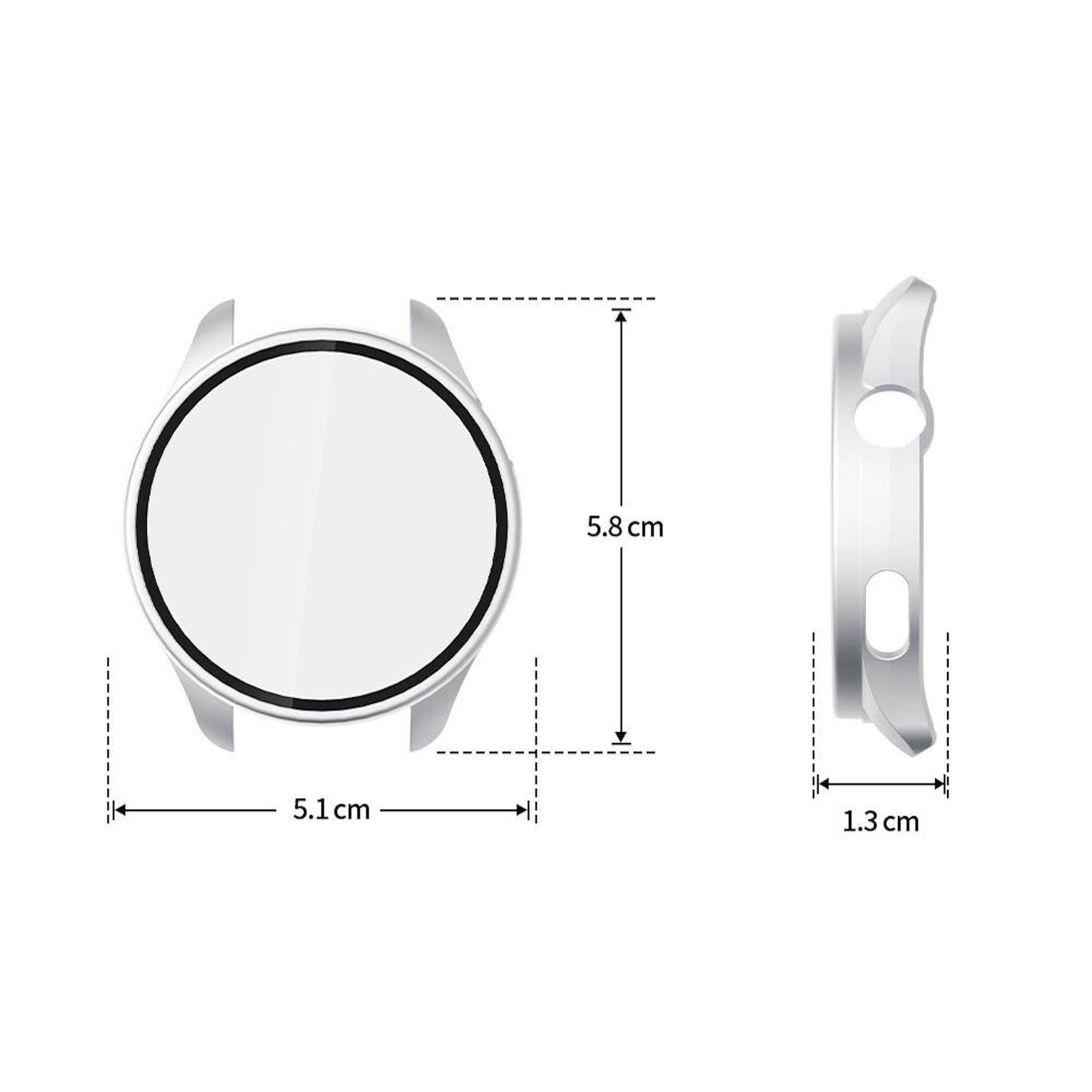 Maßstabgerechte Zeichnung eines runden Smartwatch-Gehäuses, 5,8 cm hoch, 5,1 cm breit und 1,3 cm dick.