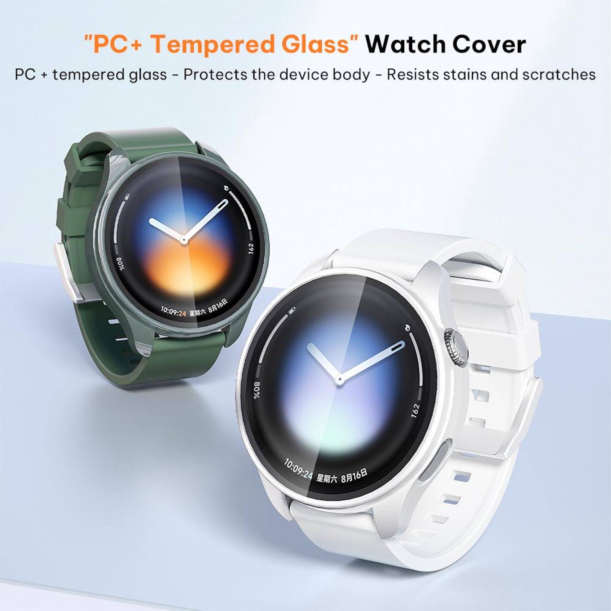 Werbebild mit zwei Smartwatches in Grün und Weiß, mit der Bezeichnung „PC+ Tempered Glass" Uhrenabdeckung; der Text besagt, dass sie das Gehäuse schützt und gegen Flecken und Kratzer beständig ist.