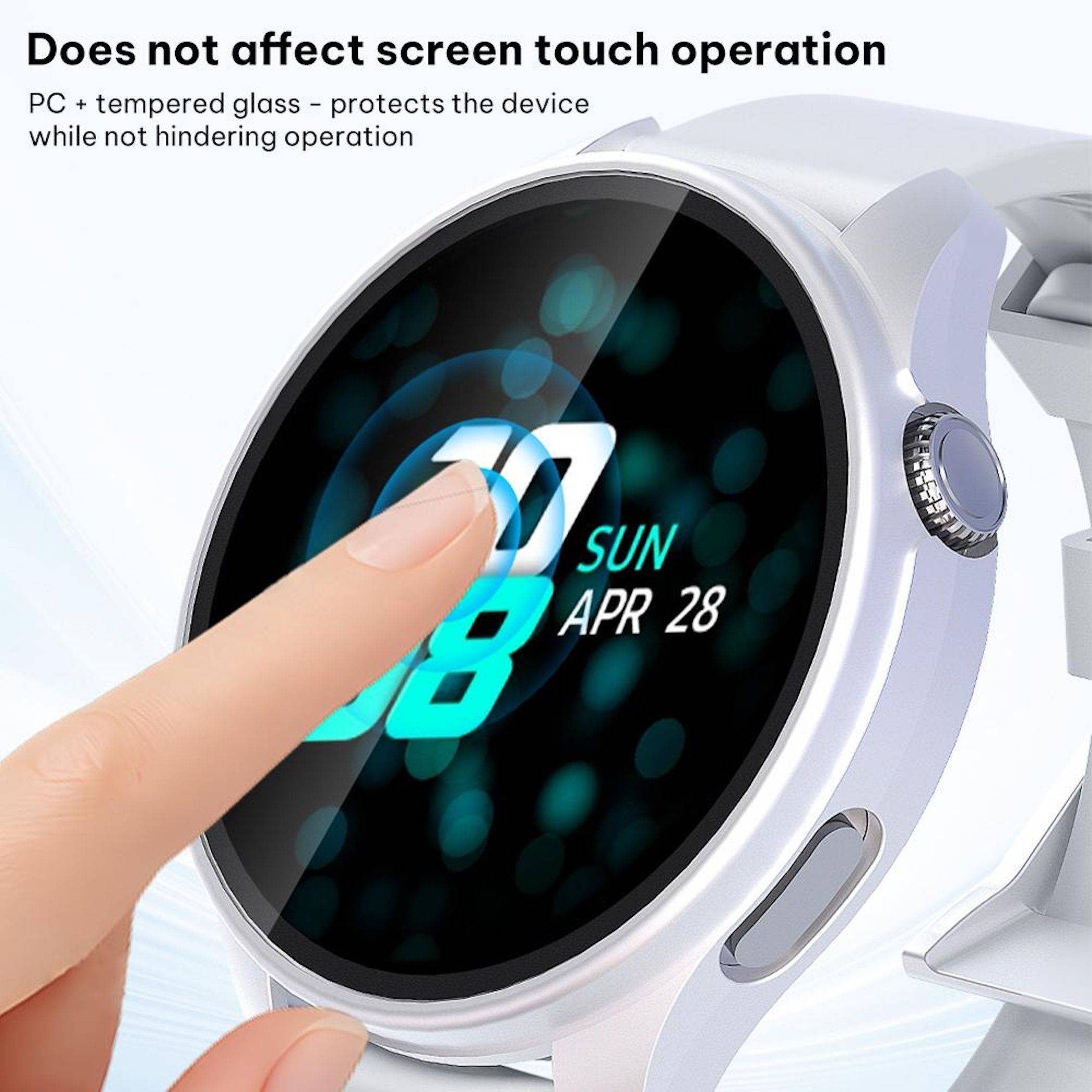Finger berührt smartwatch-Bildschirm und zeigt, dass die Displayschutzfolie aus gehärtetem Glas die Touchfunktion nicht beeinträchtigt.