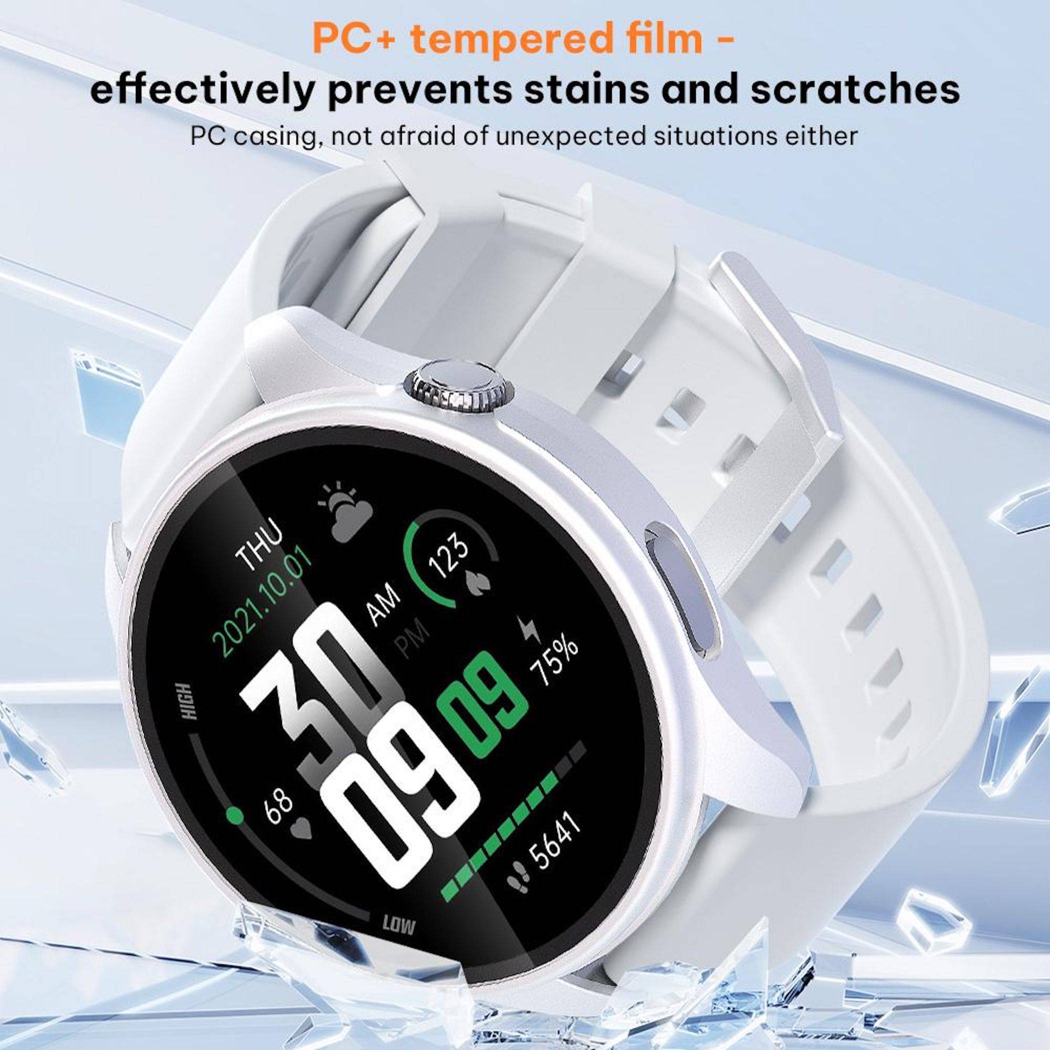 Weiße runde Smartwatch mit weißem Armband auf gerissenem Glas, mit der Bezeichnung "PC+ gehärtete Folie"" und ""verhindert effektiv Flecken und Kratzer"", um die Schutzfestigkeit zu demonstrieren.