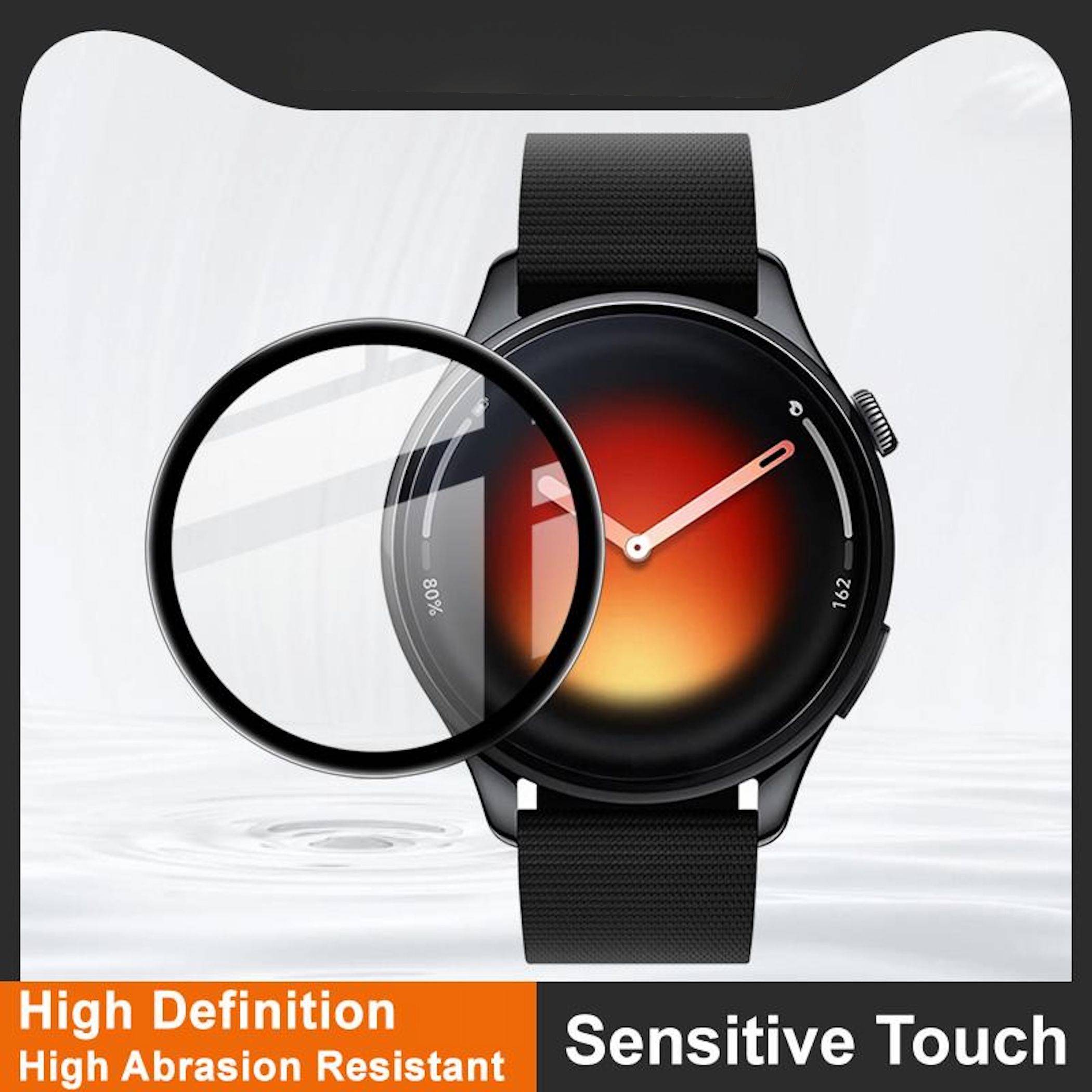 Schwarze Smartwatch mit einer Lupe, die das Display hervorhebt; der Anzeigentext sagt „Hohe Auflösung", „Hochverschleißfest"" und „Empfindliche Berührung"".