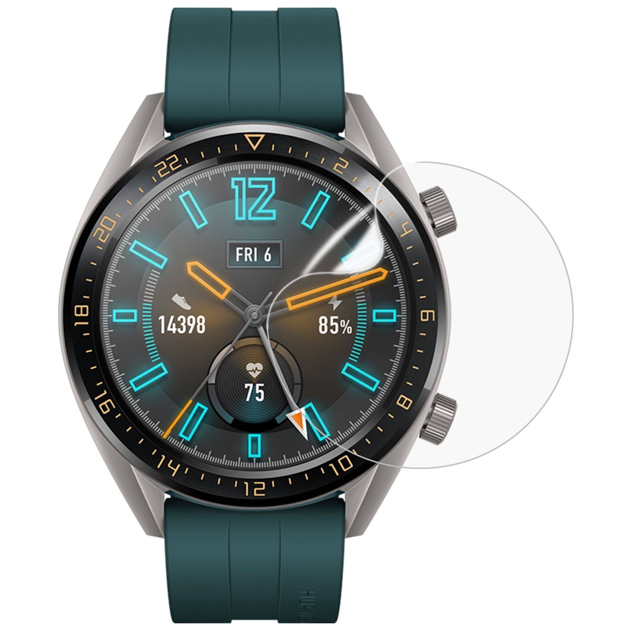 Smartwatch mit dunklem rundem Zifferblatt, Teal-Armband und digitalem Display, das 