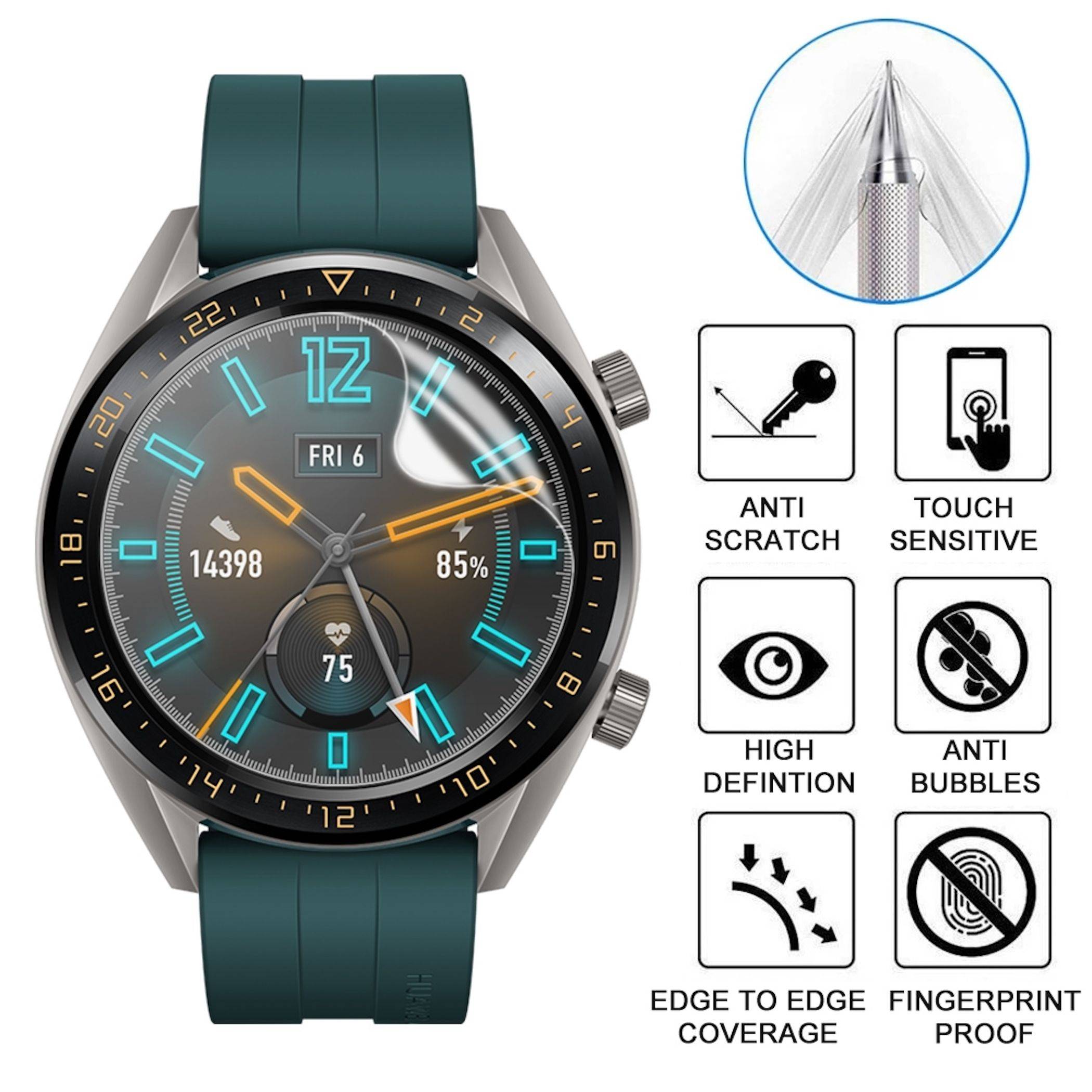 Smartwatch mit türkisem Armband und digitalem Analogzifferblatt neben Symbolen, die kratzfest, berührungsempfindlich, hochauflösend, blasenfrei, randlos und fingerabdruckfest Screen hervorheben.