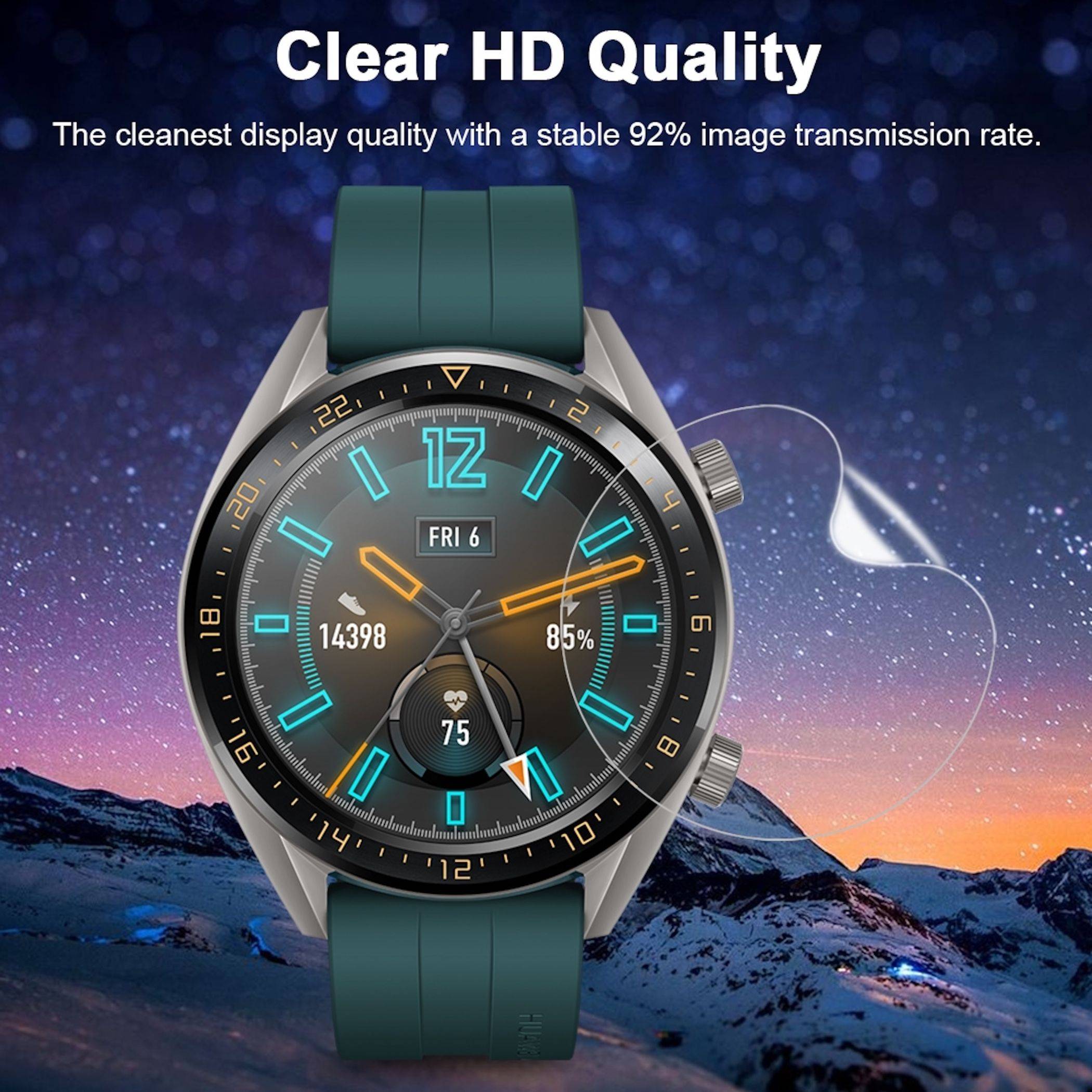 Smartwatch-Werbung mit einer runden digitalen Uhr mit dem Text „Crystal Clear HD Quality" und der Angabe einer stabilen Bildübertragungsrate von 92%.