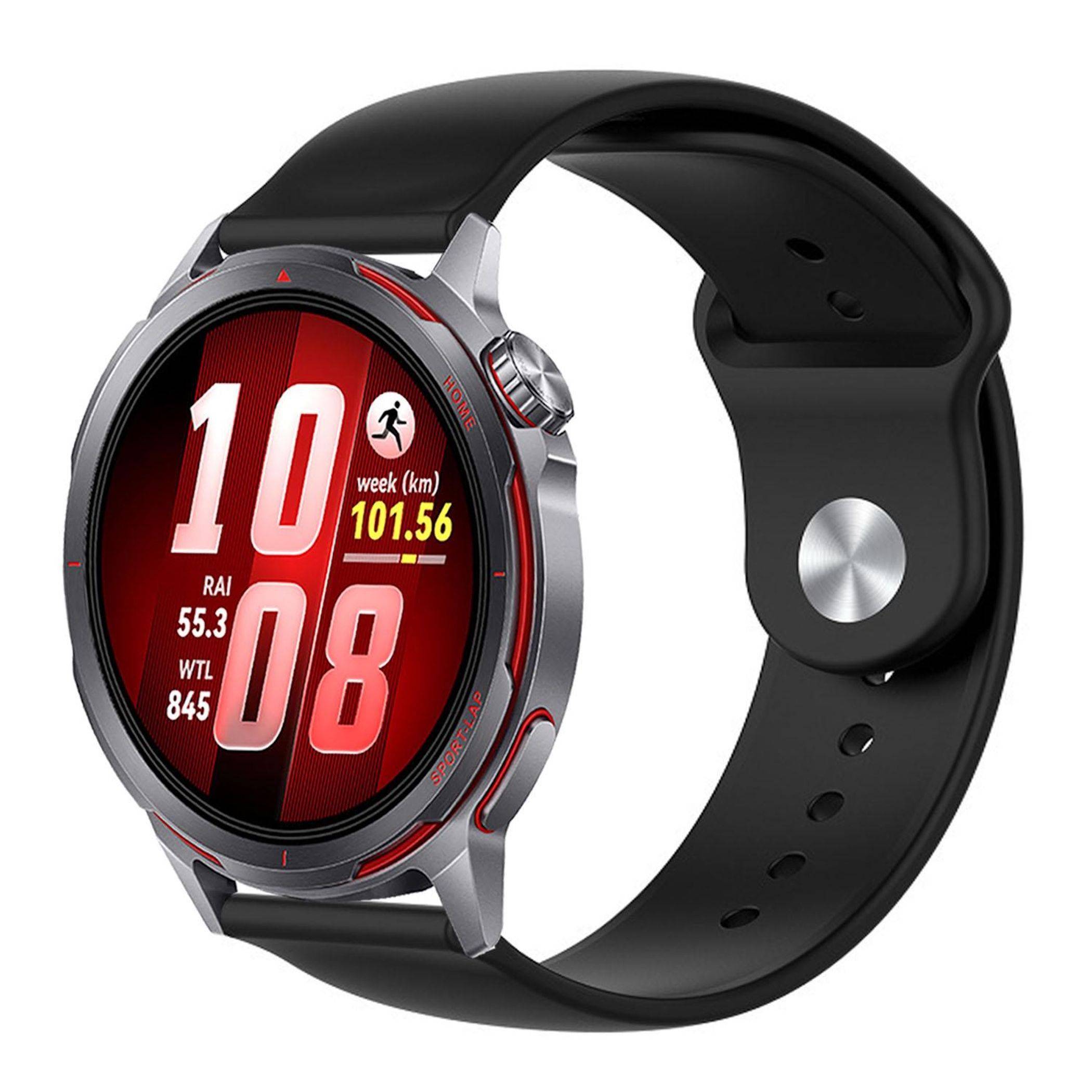 Schwarze Smartwatch mit rundem roten Fitness-Display, das große '10' und '08' sowie wöchentliche Distanz '101,56 km' und Aktivitätsstatistiken anzeigt.