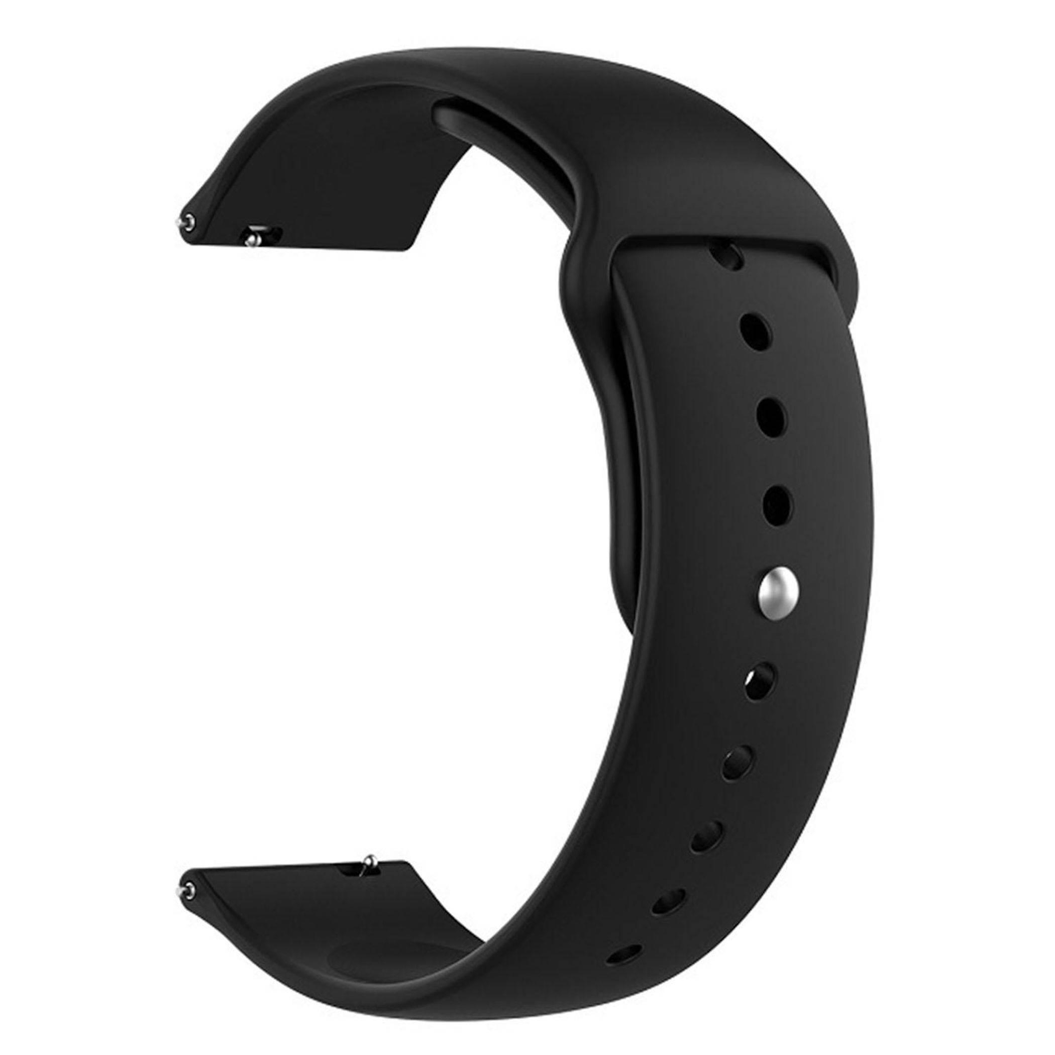 Schwarzes Silikonarmband mit gekrümmten offenen Enden und mehreren Verstelllöchern, isoliert auf weißem Hintergrund dargestellt.