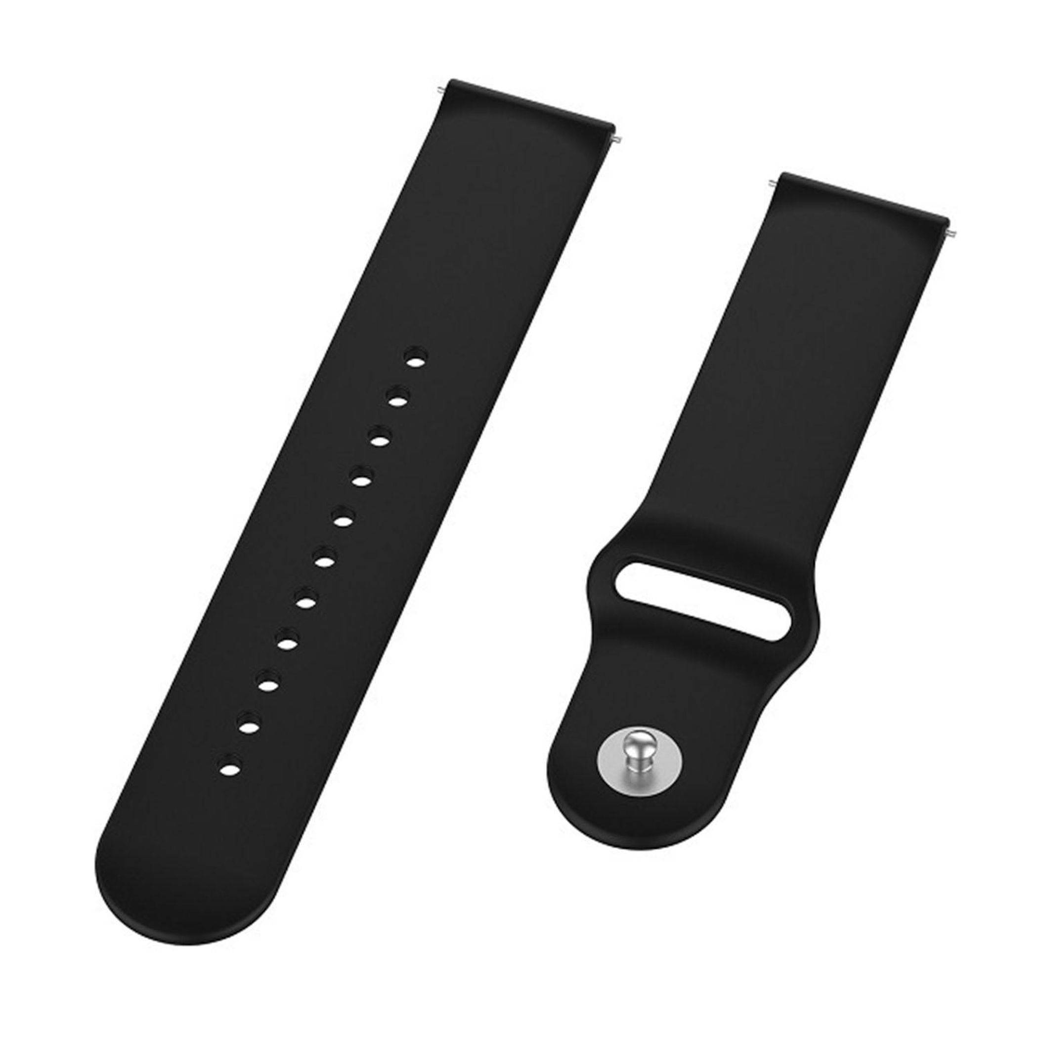 Zwei schwarze Smartwatch-Armbänder nebeneinander dargestellt: ein langes perforiertes Armband und ein kürzeres Armband mit einem Metallstecker.