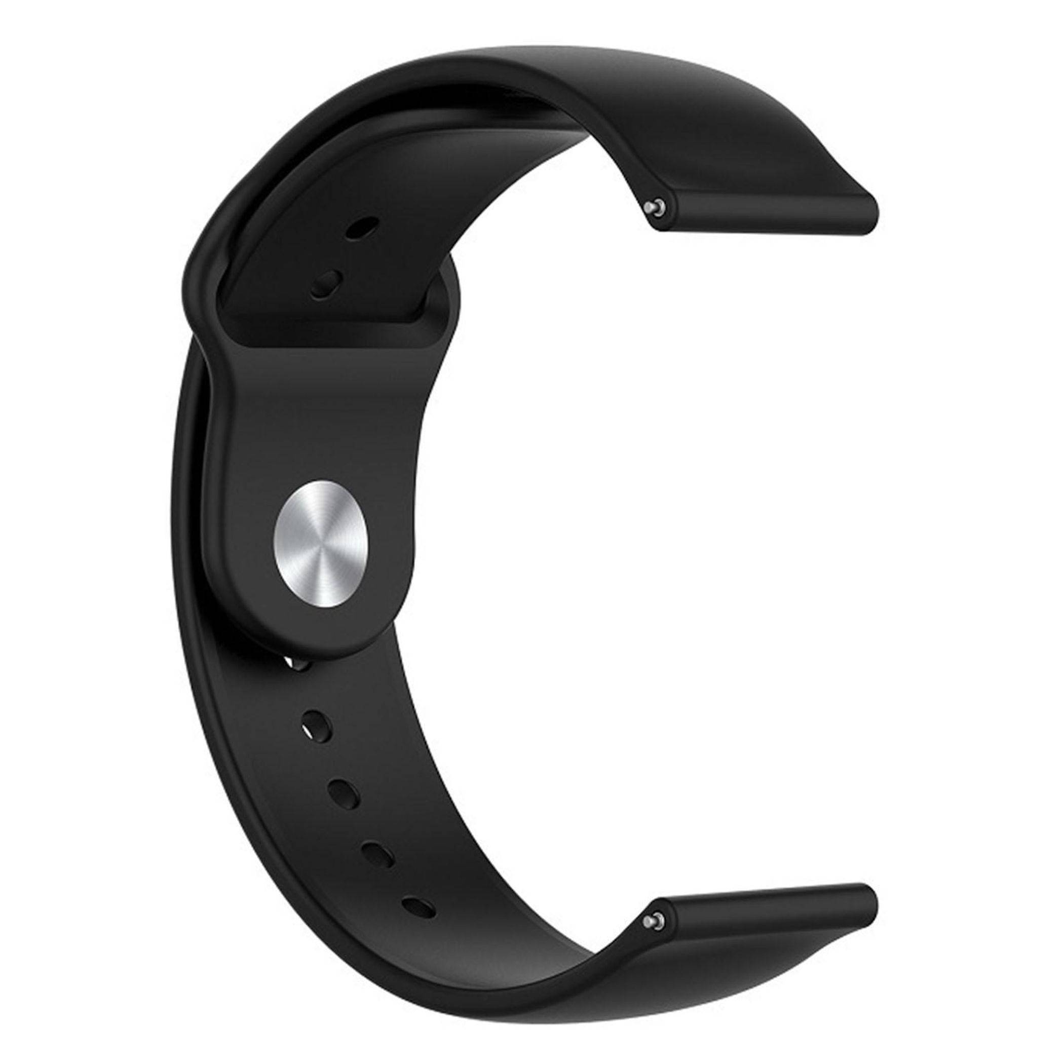 Schwarzes Smartwatch-Armband mit offenem gebogenem Design und silberner kreisförmiger Seitentaste auf weißem Hintergrund.