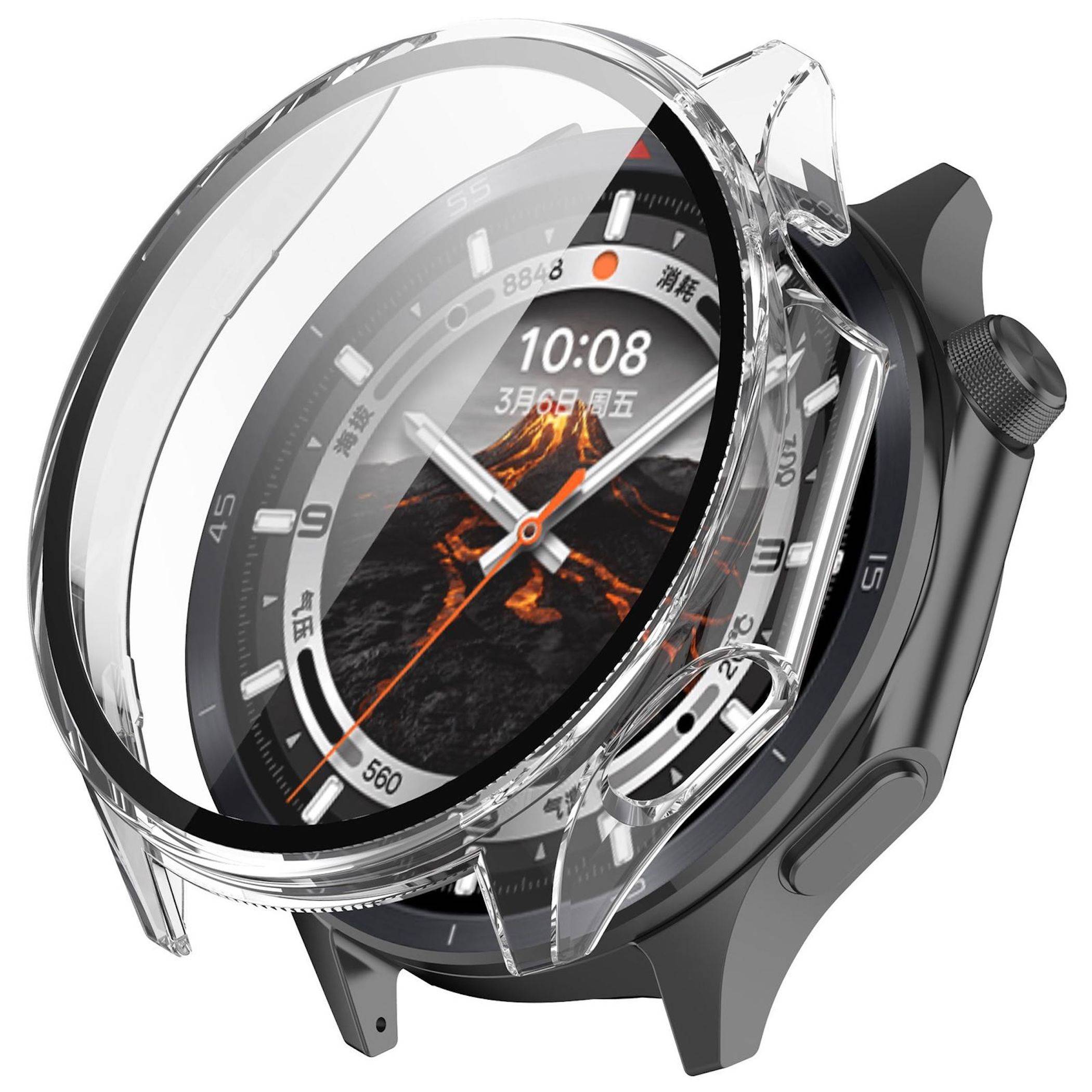 Schwarze Smartwatch in einem klaren Schutzgehäuse, in einem Winkel dargestellt mit einem analog-digitalen Zifferblatt, das 10:08 anzeigt, und einem vulkanischen Hintergrund.