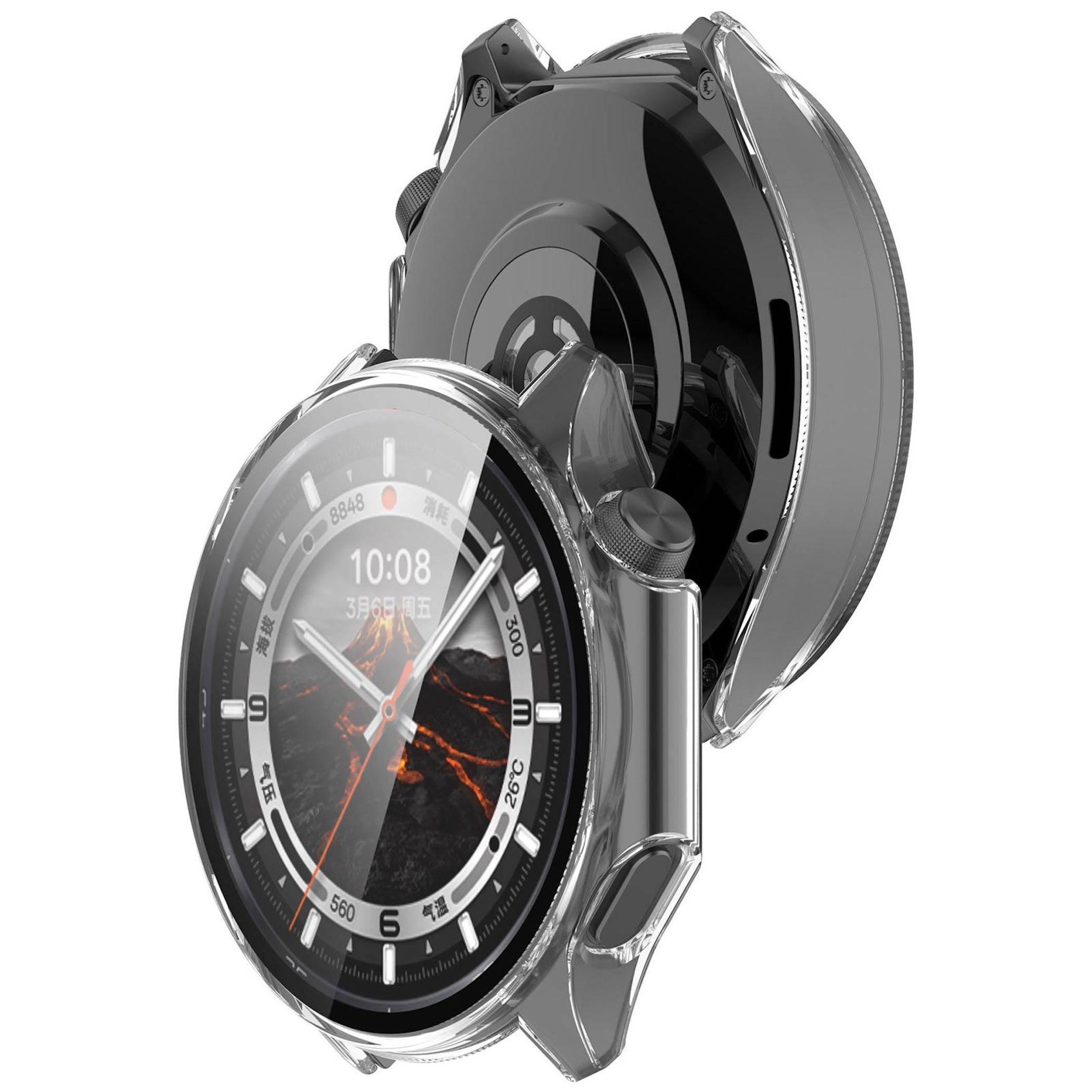 Eine silberne Smartwatch mit rundem Analog-Zifferblatt und offener Schutzgehäuse-Scharnierklappe, gezeigt in einer produktartigen Ansicht auf weißem Hintergrund.