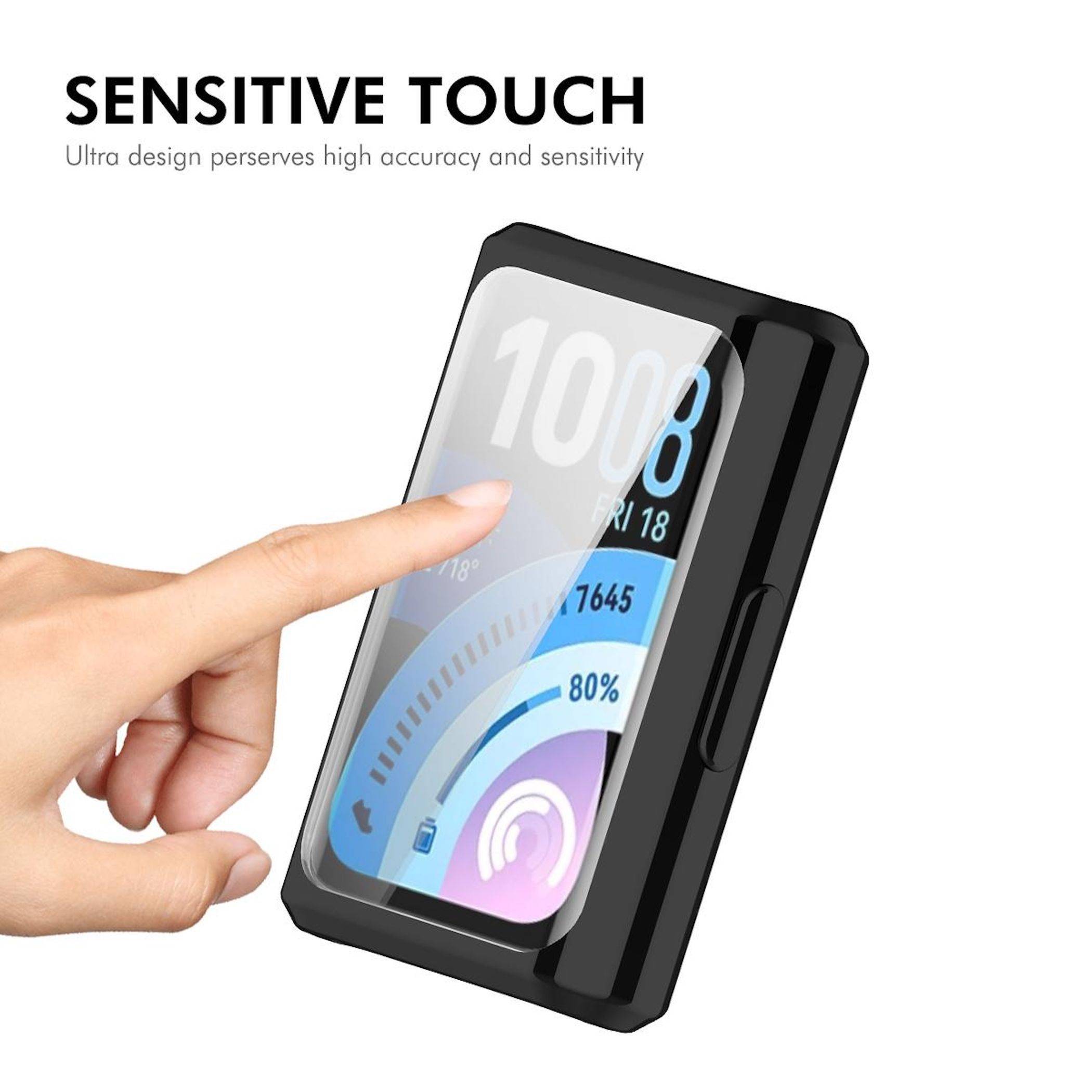 Finger berührt eine Displayschutzfolie eines Smartphones mit der Beschriftung „SENSITIVE TOUCH", die zeigt, dass sie die Bildschirmempfindlichkeit und genaue Touchantwort bewahrt.