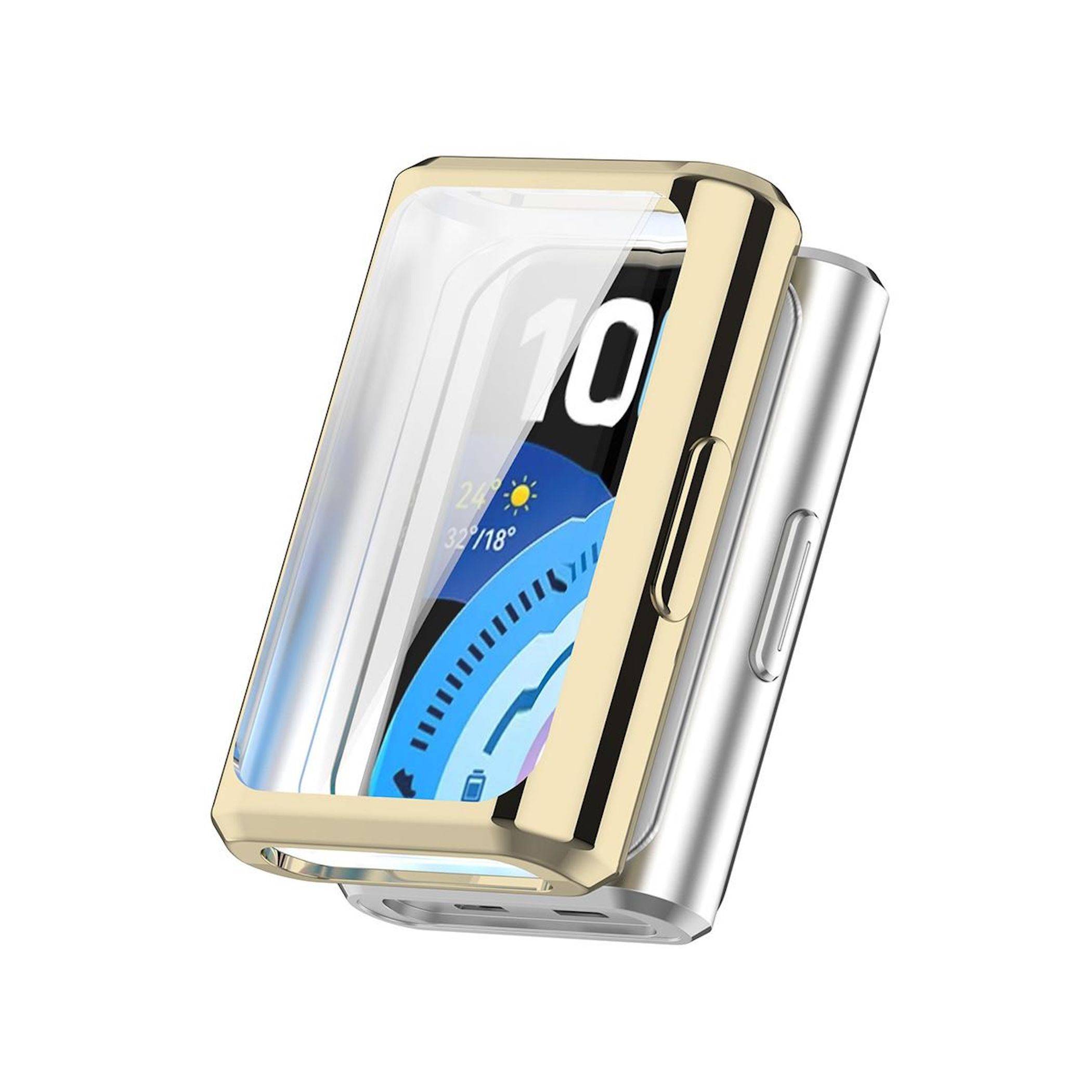 Smartwatch mit goldenem Schutzflip-Case und transparenter Frontabdeckung, die das Zifferblatt darunter zeigt.