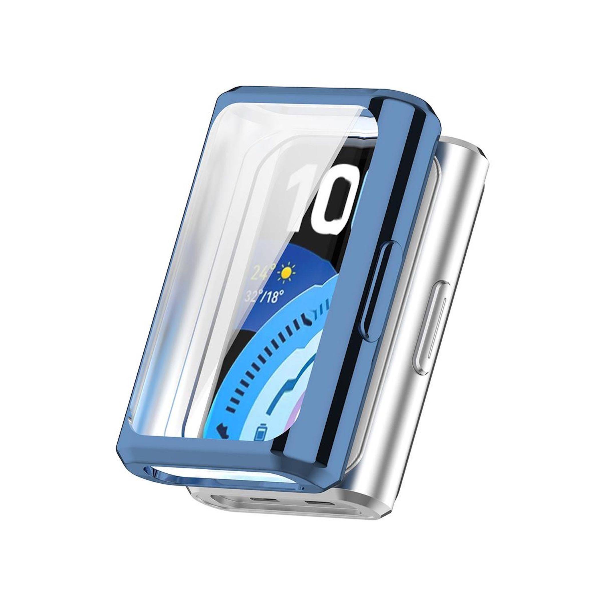 Blaue und transparente Schutzhülle für das Telefon, die auf einem Smartphone gezeigt wird, mit transparenter Vorderseite und metallischen Seitentasten.